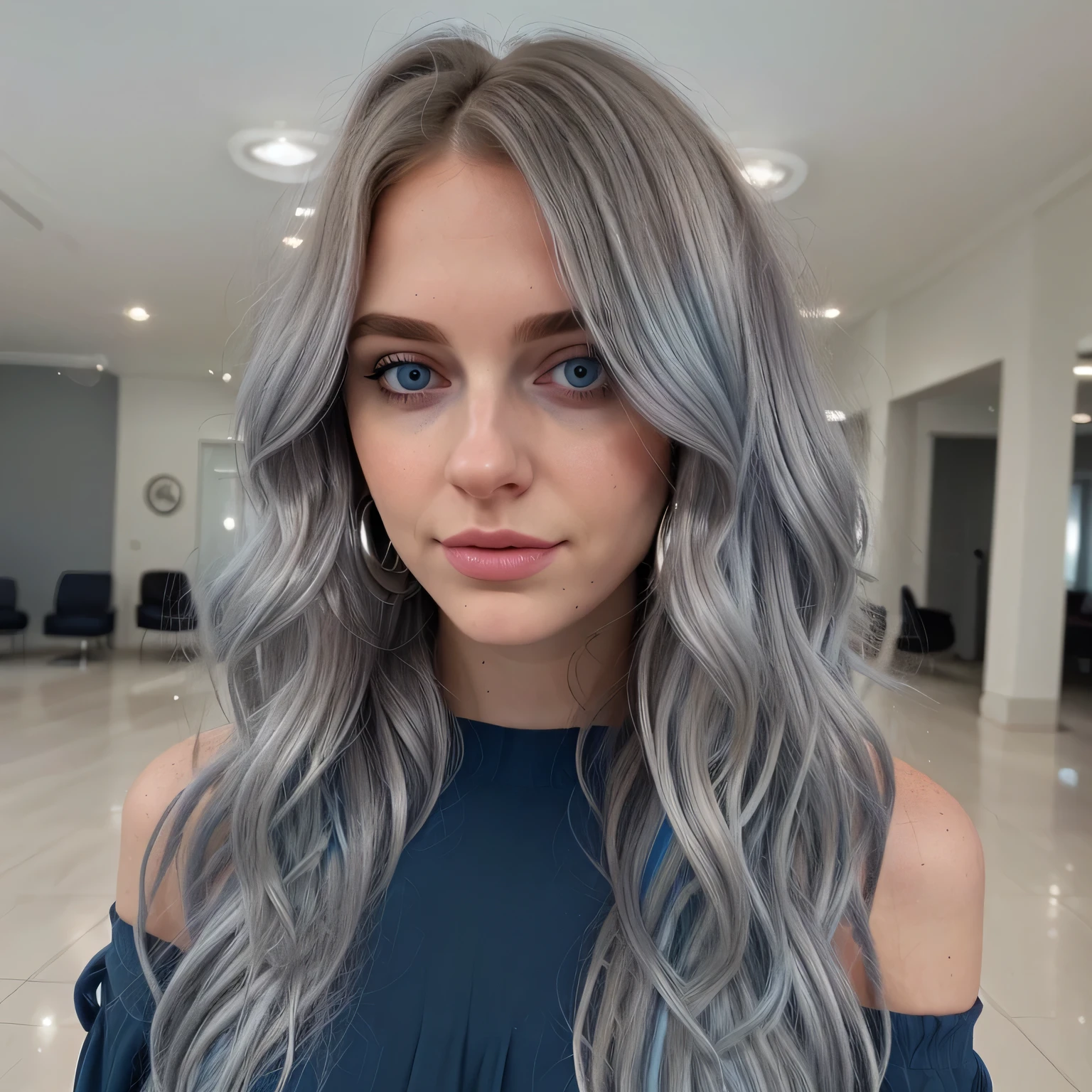 A close-up selfie of a pretty young woman taken with an iPhone camera. The woman looks very beautiful, with her hair in a 1.3 ombre style in shades of grey-blue. The photo has a film grain effect and medium quality.Grey and navy color block midi dress, silver ankle strap heels, statement silver chandelier earrings, soft waves with hints of blue highlights.