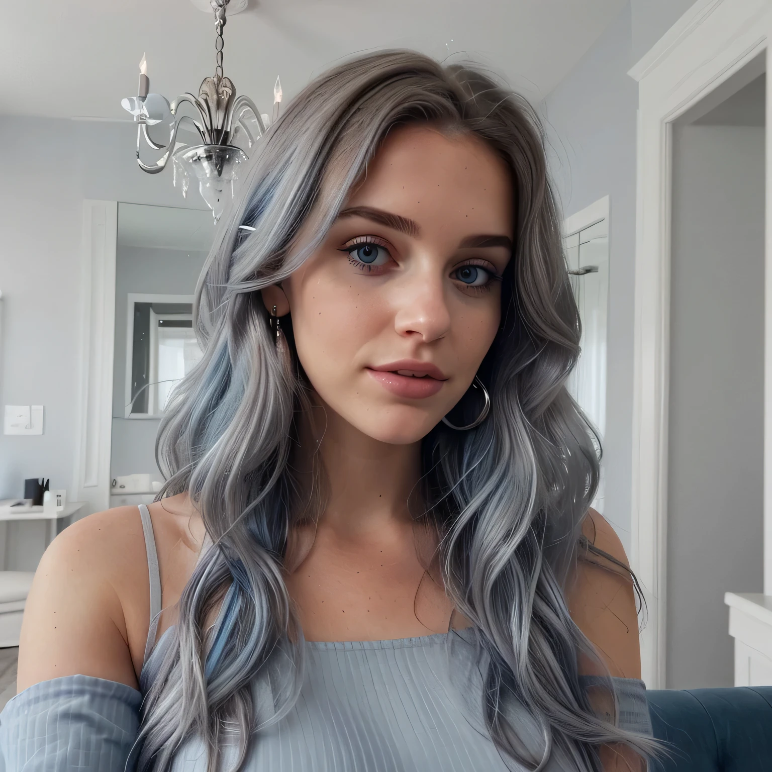 A close-up selfie of a pretty young woman taken with an iPhone camera. The woman looks very beautiful, with her hair in a 1.3 ombre style in shades of grey-blue. The photo has a film grain effect and medium quality.Grey and navy color block midi dress, silver ankle strap heels, statement silver chandelier earrings, soft waves with hints of blue highlights.