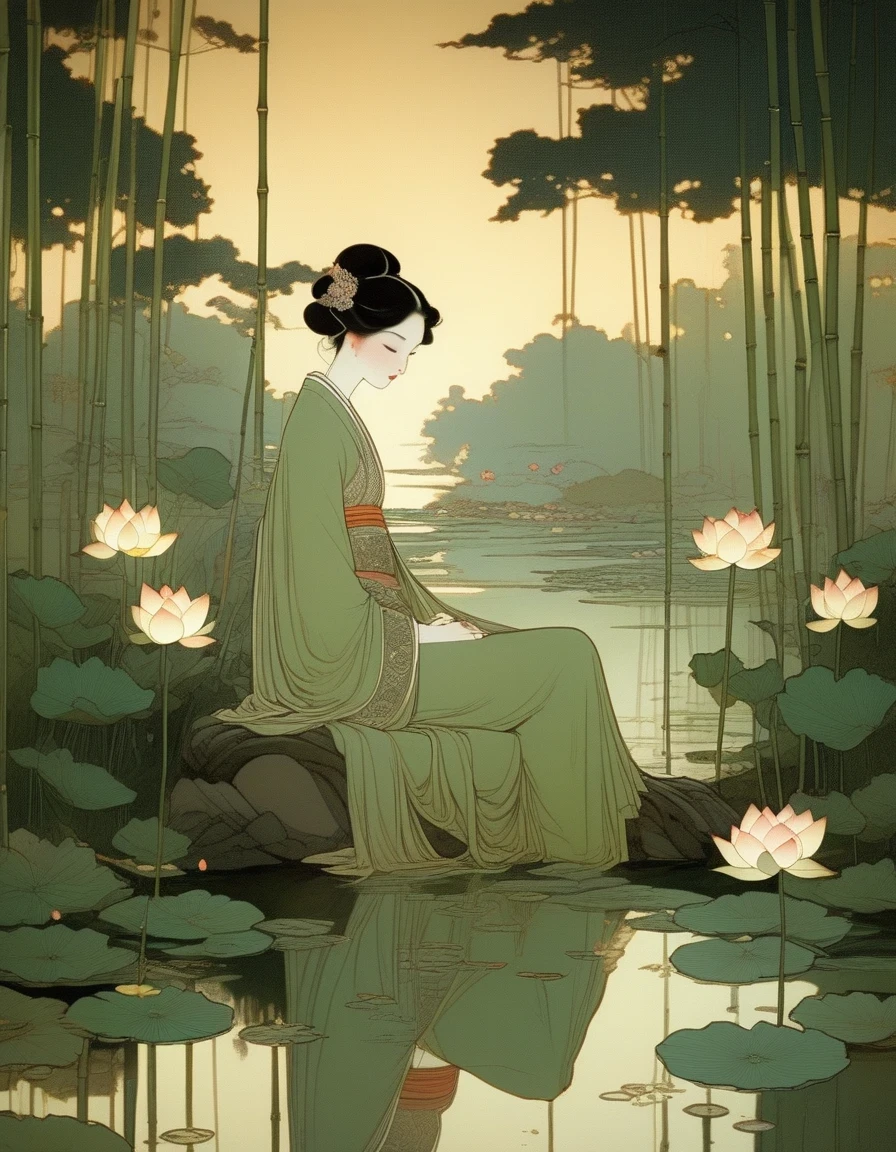 An Ancient Beauty Sitting by a Lotus Pond,  a Lotus Pond，Bamboo Grove at Sunset, Art Print in the Style of FRANKLIN BOOTH, ABIGAIL LARSON, TARA MCPHERSON, Pale Greens, Bright Reflections, 19th Century American Paintings and Works on Paper, Contemplative Silence, Children's Book Illustrations, Nocturne 