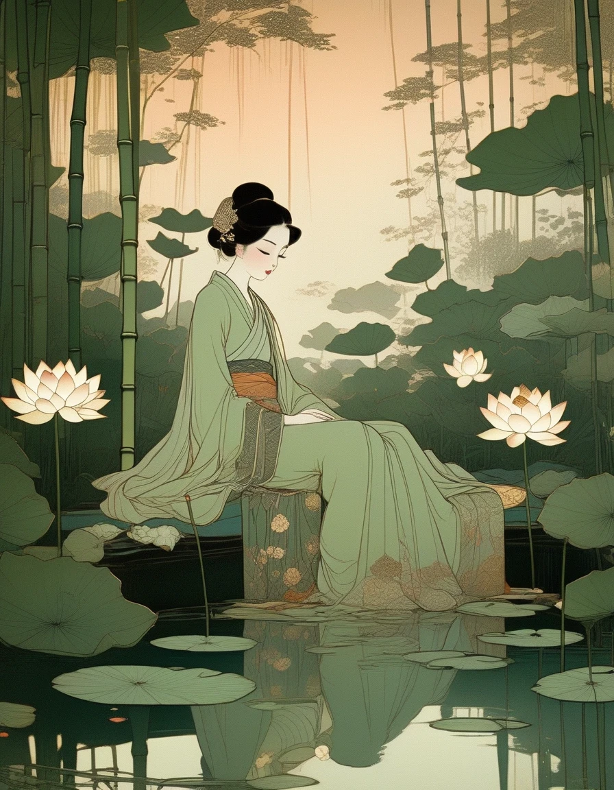 An Ancient Beauty Sitting by a Lotus Pond,  a Lotus Pond，Bamboo Grove at Sunset, Art Print in the Style of FRANKLIN BOOTH, ABIGAIL LARSON, TARA MCPHERSON, Pale Greens, Bright Reflections, 19th Century American Paintings and Works on Paper, Contemplative Silence, Children's Book Illustrations, Nocturne 