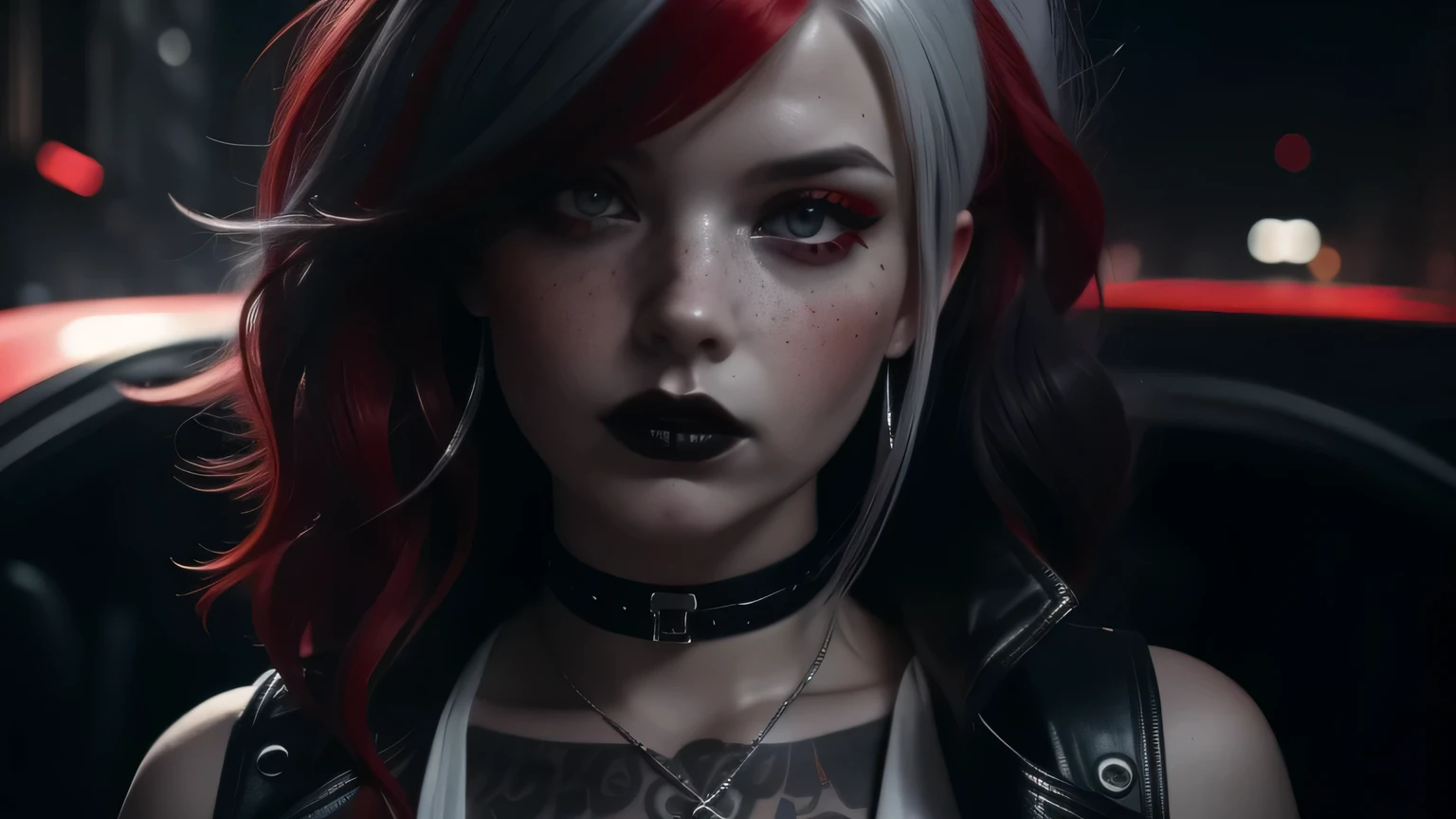 portrait of red-black, beautiful face, perfect face, deliberate, masterpiece, best quality, highest quality, cinematic lighting, very beautiful, ultra realistic, tattoos, tattooed, beautiful,