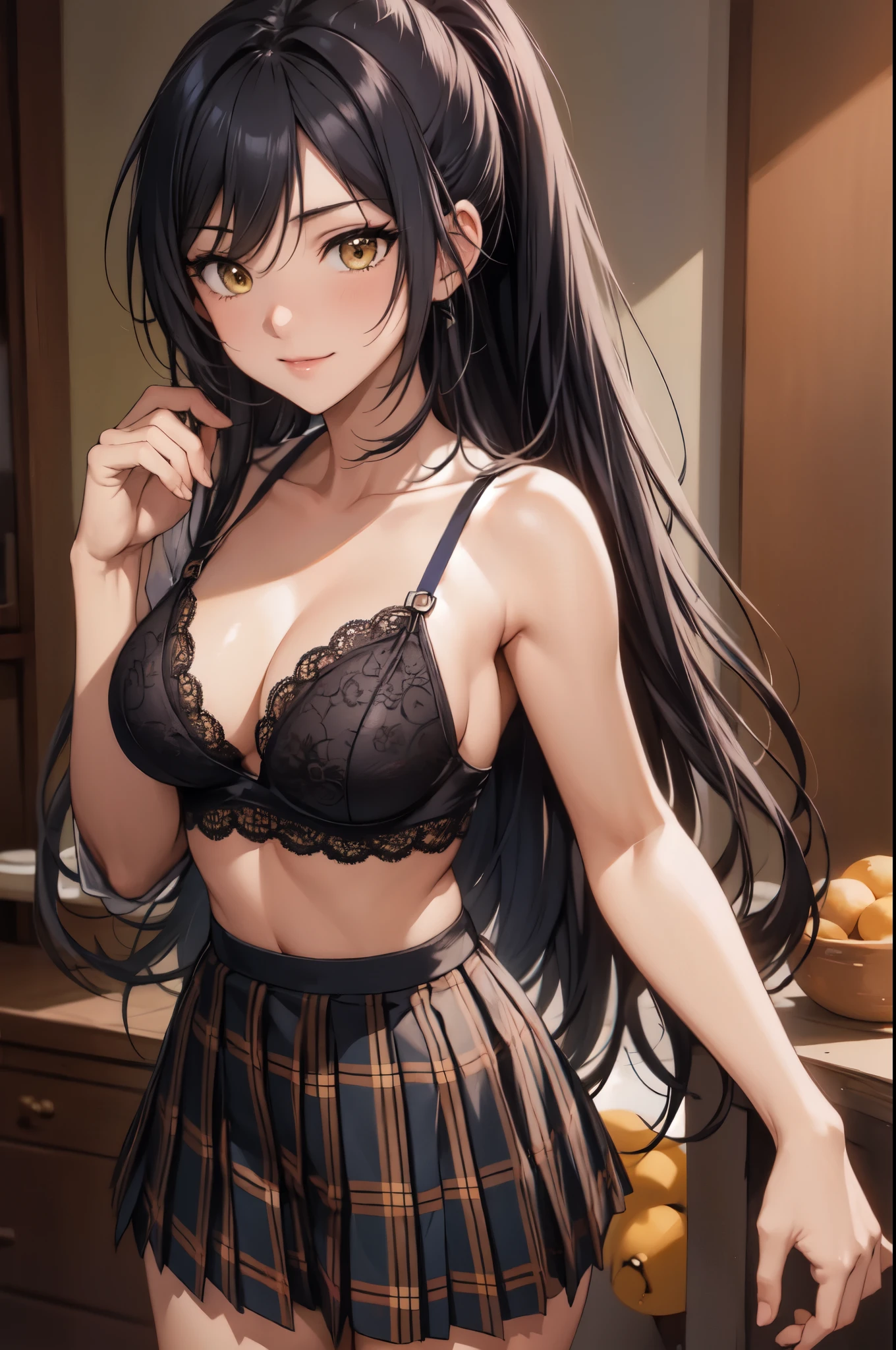 sakuyashirase, sakuya shirase, black hair, hair between eyes, long hair, (ponytail:1.3), (yellow eyes:1.5),NSFW,(large breasts:1.4),(cleavage between breasts),
break collarbone, green skirt, open collar, plaid, (plaid skirt, pleated skirt), skirt,(black lace underwear:1.4),(open clothes:1.4),(See-through:1.2),(Underwear standing:1.4),
break looking at viewer, full body,(smile),
break indoors, classroom,
break (masterpiece:1.2), highest quality, High resolution, unity 8k wallpaper, (figure:0.8),vivid color, (detailed and beautiful eyes:1.4), highly detailed face, perfect lighting, Very detailed CG, (perfect hands, perfect anatomy),(Aesthetic Anime Eyes)