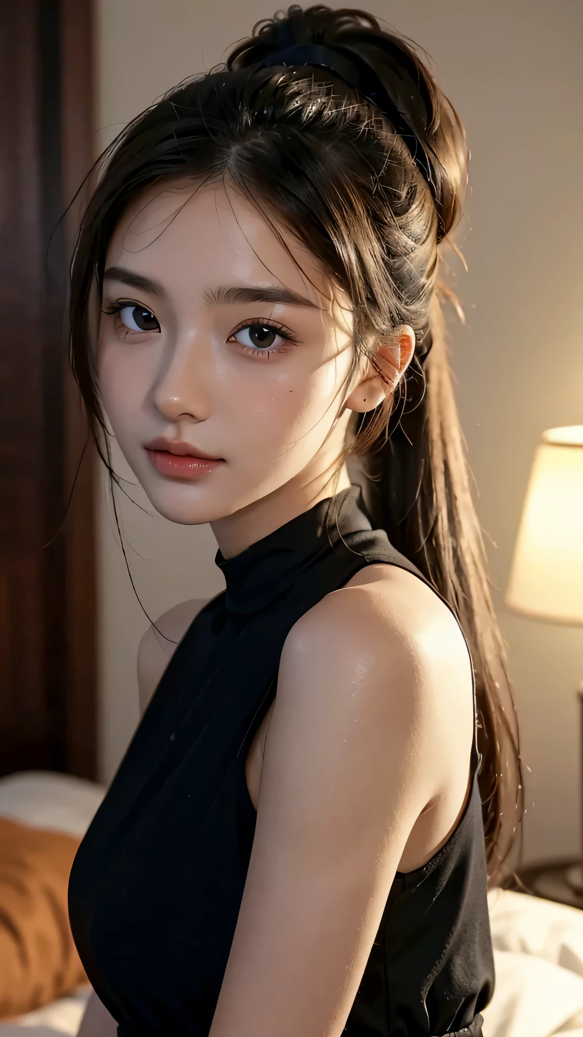 One woman,fully body photo,masutepiece, The highest image quality, High quality, the background is clear，Beautiful woman, Japanese, Detailed, Detailed eyes, Detailed skin, Beautiful skin, 超hight resolution, (reality: 1.4),Very beautiful woman, Slightly younger face, Beautiful skin, slender, (Ultra photo realsisim), (hight resolution), (8K), (Very detailed) (beautifully detailed eyes), (super detailed),   (Detailed face), view the viewer, Fine details, Detailed face, Staring straight ahead, Staring straight ahead, photos realistic, Bright lighting, Professional Lighting, Black hair,poneyTail,a baby face,sixteen years old,Hairstyle is ponytail,long ponytail hairstyle,slight smile,Orange colored long dress with lots of ruffles, softly shaped skirt,Live venue,close up of face