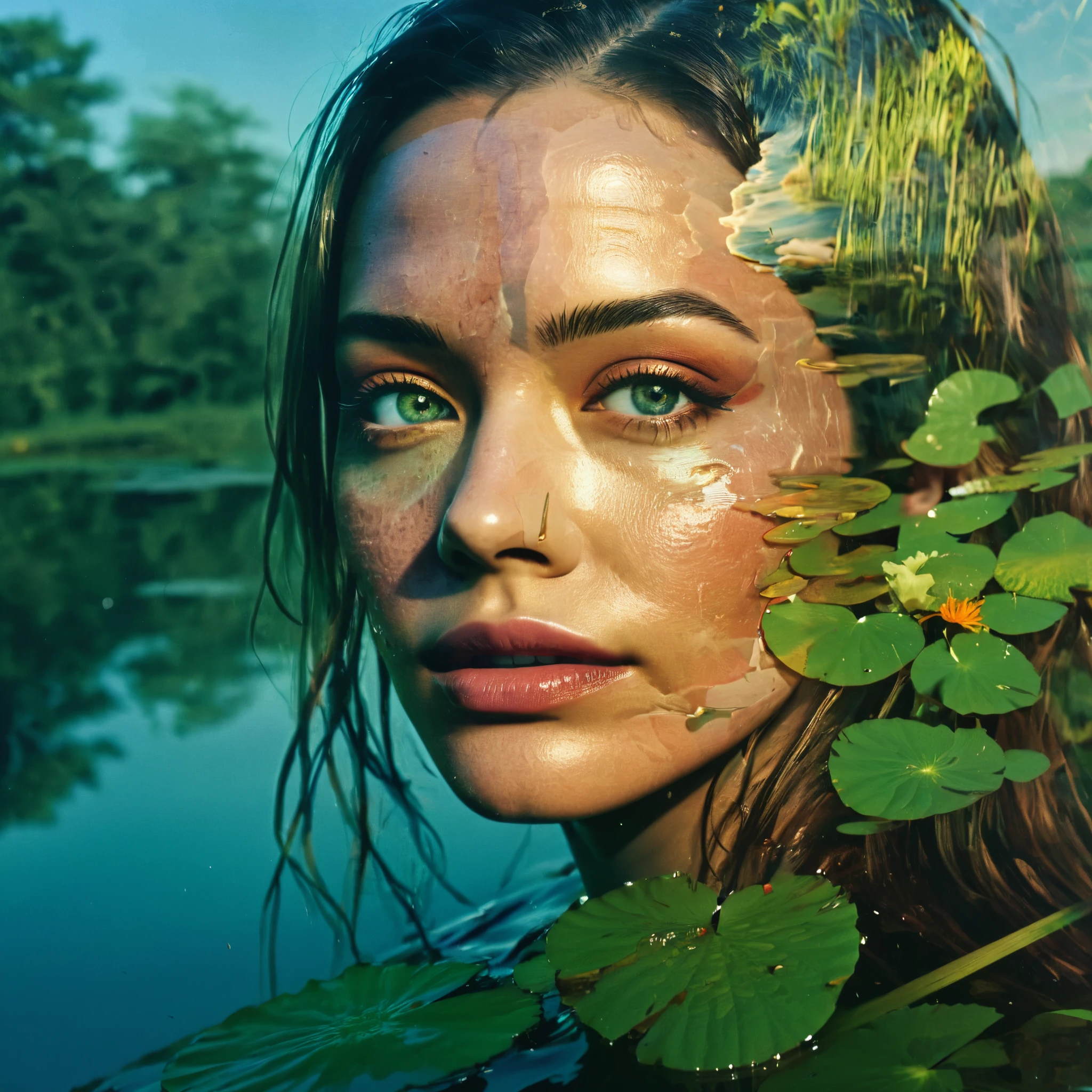 (Double exposure:1.3), effect of a women's face superimposed on a pond, evening light, ultra detailed