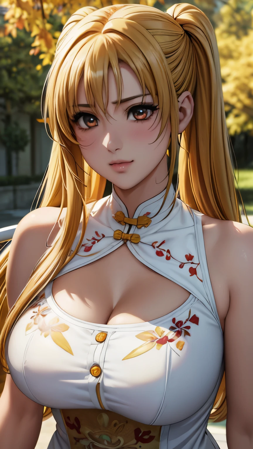 orange eyes, (highest quality, masterpiece painting:1.3), immature woman, , (half body shot), masterpiece, ultra high resolution, (Photoreal:1.0), yellow hair, pigtails, straight hair, beautiful shining hair, white and shining skin, ((Ultra realistic details)), octane rendering, highly detailed face, (big breasts:0.8),(sexy and cute cheongsam,red and white contrast outfit,delicate decoration:1.2), open neckline, (necklace:1.0),cleavage, perfect body, soft skin, anime face, perfect face, perfect eyes, looking at the viewer, smart, Under autumn leaves tree background, Autumn leaf petals are falling, outdoors,shrine, sharp focus, intricate details, professional artwork, (bright colors:1.1), bright colors, diffused lighting, digital blending, ultra-definition body, ultra detail hair, super detailed face, that&#39;It&#39;s trending on pixiv, top button open, Cute gaze, compensate, perfect lips, perfect compensate, Ultra-precision coating, (light_smile:0.8), (Very embarrassed:1.2), blush your nose,