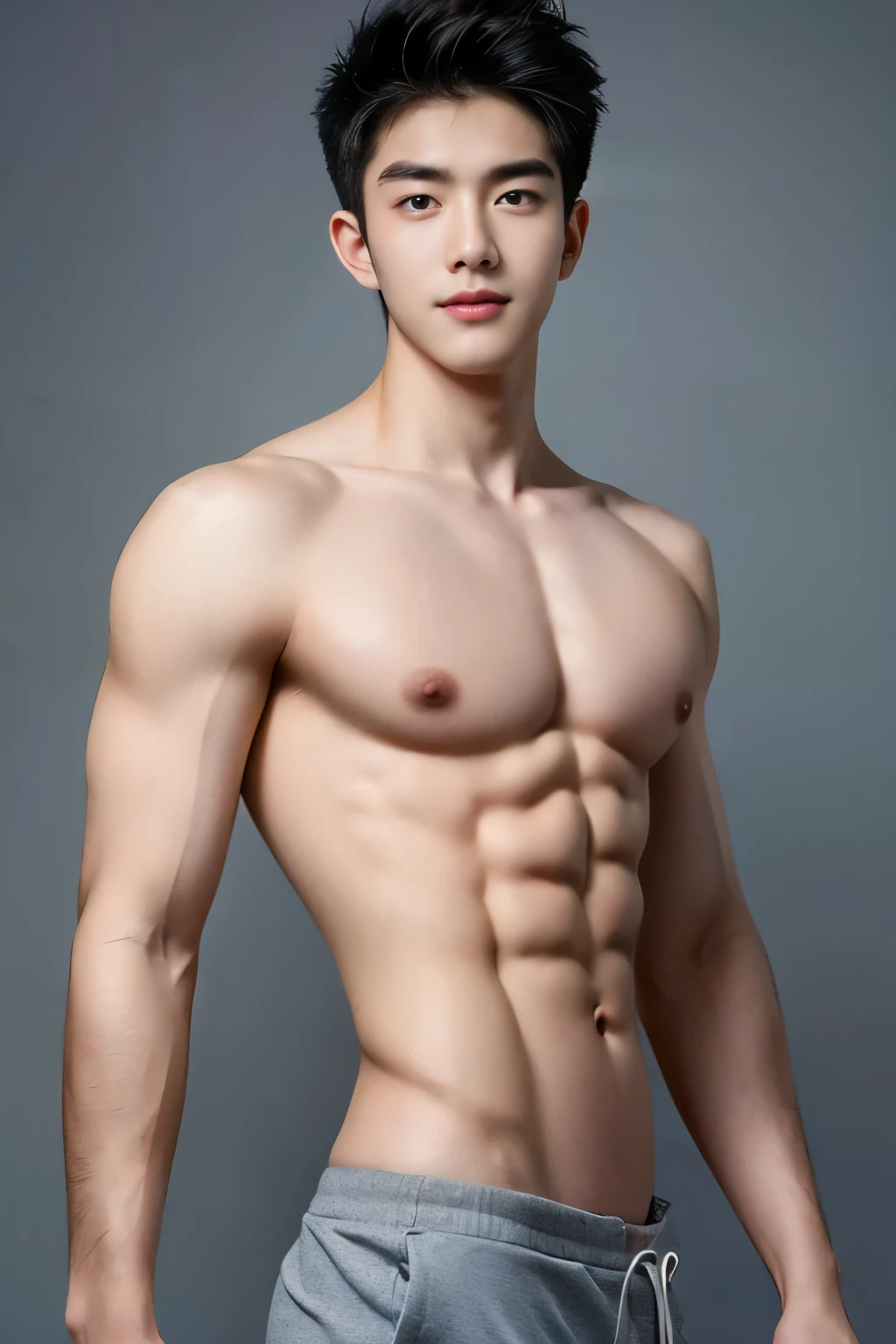 ((best quality)), ((masterpiece)), (detailed), 1 boy, 20 years old，Korean male model, Short black messy hair, heavenly handsome 男性 face, detailed eyes,happy expression, topless, 6 pack abs, perfect body proportions，body slightly thin,nothing to wear,actual,, ultra high definition images, 8k, actual,