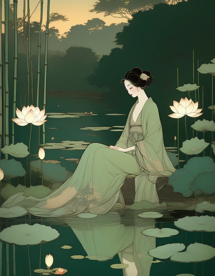 evening，sunset，An Ancient Beauty Sitting by a Lotus Pond,  a Lotus Pond，Bamboo Grove at Sunset, Art Print in the Style of FRANKLIN BOOTH, ABIGAIL LARSON, TARA MCPHERSON, Pale Greens, Bright Reflections, 19th Century American Paintings and Works on Paper, Contemplative Silence, Children's Book Illustrations, Nocturne 