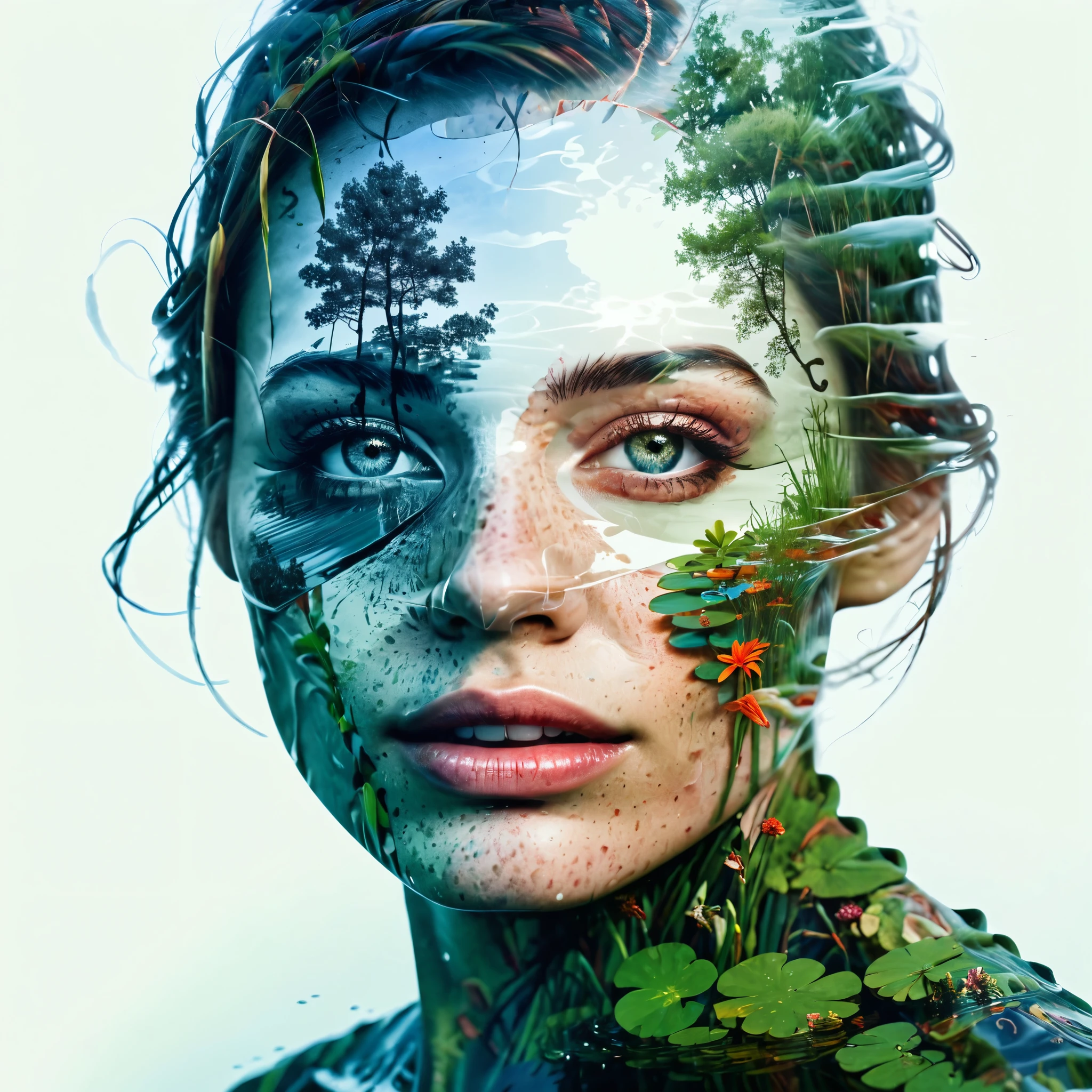 (Double exposure:1.3), effect of a women's face superimposed on a pond,  ultra detailed