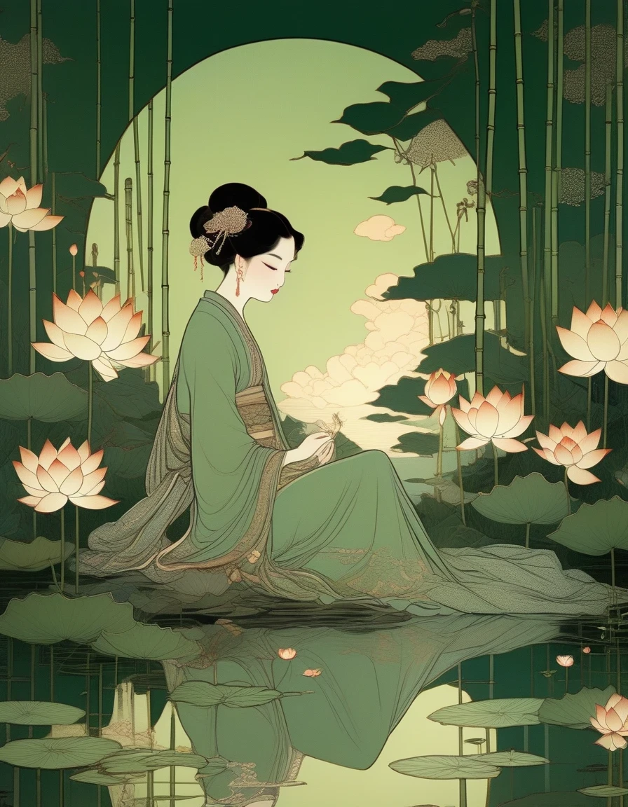 evening，sunset，bright，sparkling，An Ancient Beauty Sitting by a Lotus Pond, a Lotus Pond，Bamboo Grove at Sunset, Art Print in the Style of FRANKLIN BOOTH, ABIGAIL LARSON, TARA MCPHERSON, Pale Greens, Bright Reflections, 19th Century American Paintings and Works on Paper, Contemplative Silence, Children's Book Illustrations, Nocturne