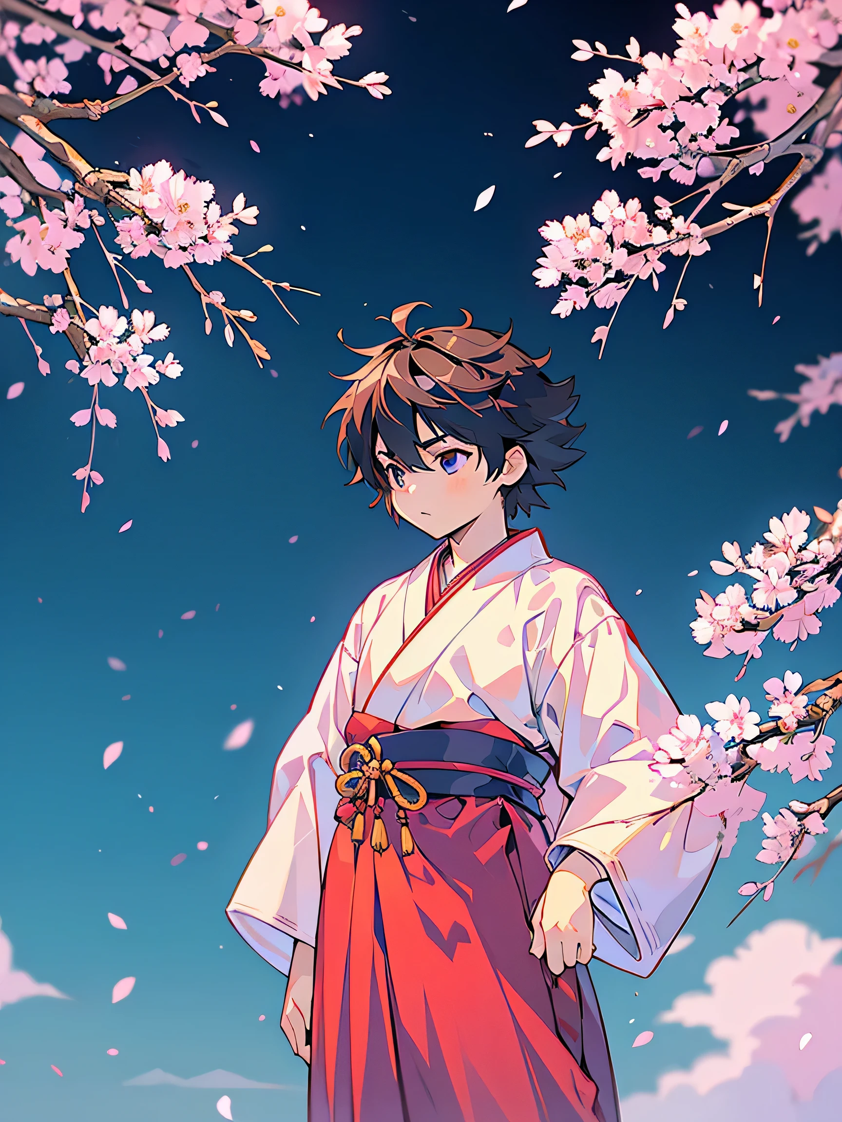 最high quality。fantasy。2.5D anime style。high quality。High resolution。very delicate。Japanese style。young boy。kid samurai。Glossiness。holding a Japanese sword。magnificent nature。Practice under a big cherry tree。Cherry blossoms are falling。Sense of presence。Uplifting。