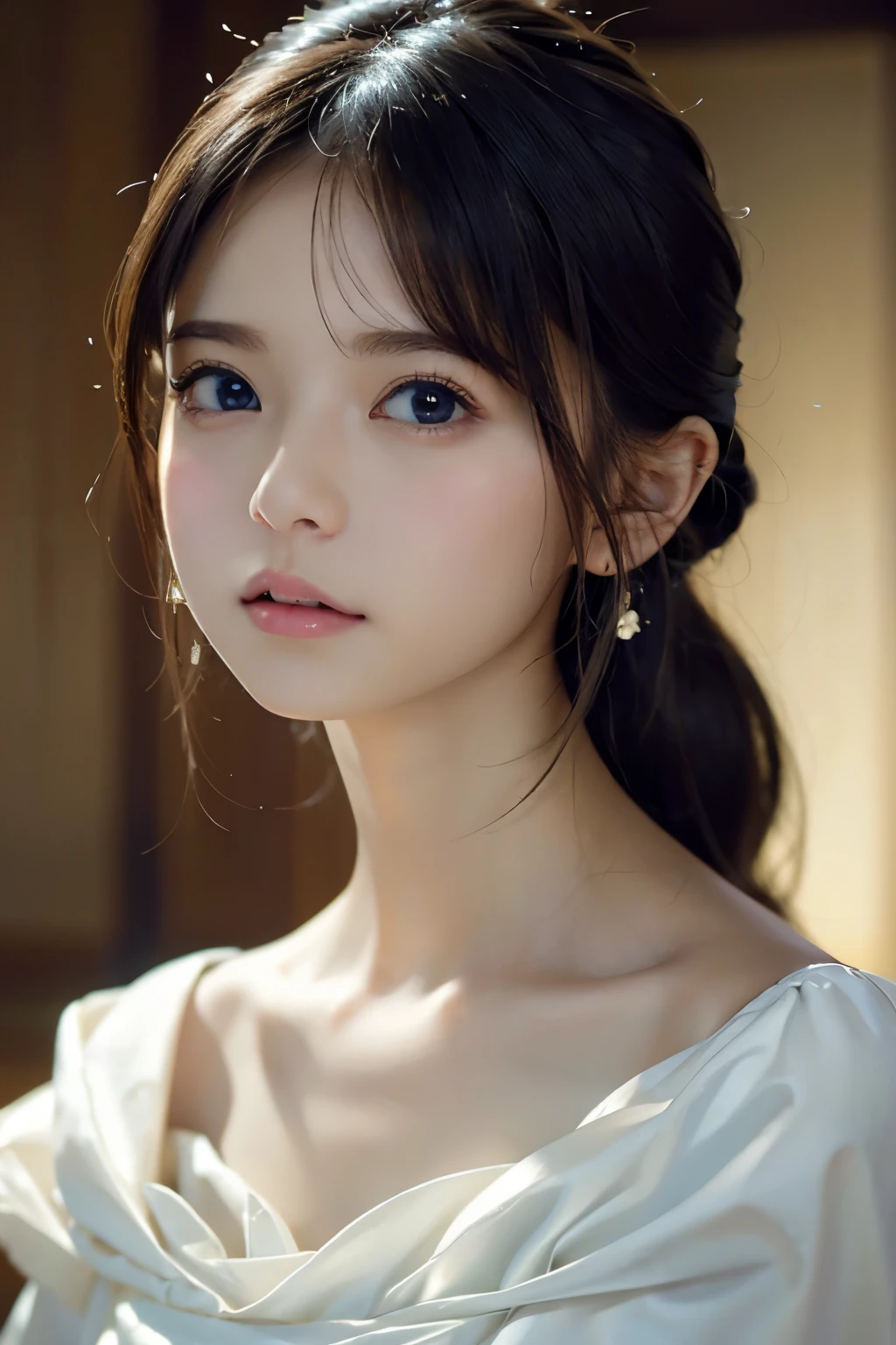 Image from the chest up:1.6)、Close-up portrait of a woman wearing white off-shoulder top dress and earrings, soft portrait shot 8k, nice delicate face, High quality 4K portraits, high quality portrait, soft and perfect pale skin, 8K highly detailed face, なbeautiful繊細な顔, beautiful光の大きな目, beautiful and realistic face, beautiful14old woman, beautiful and realistic face, cute14old woman
