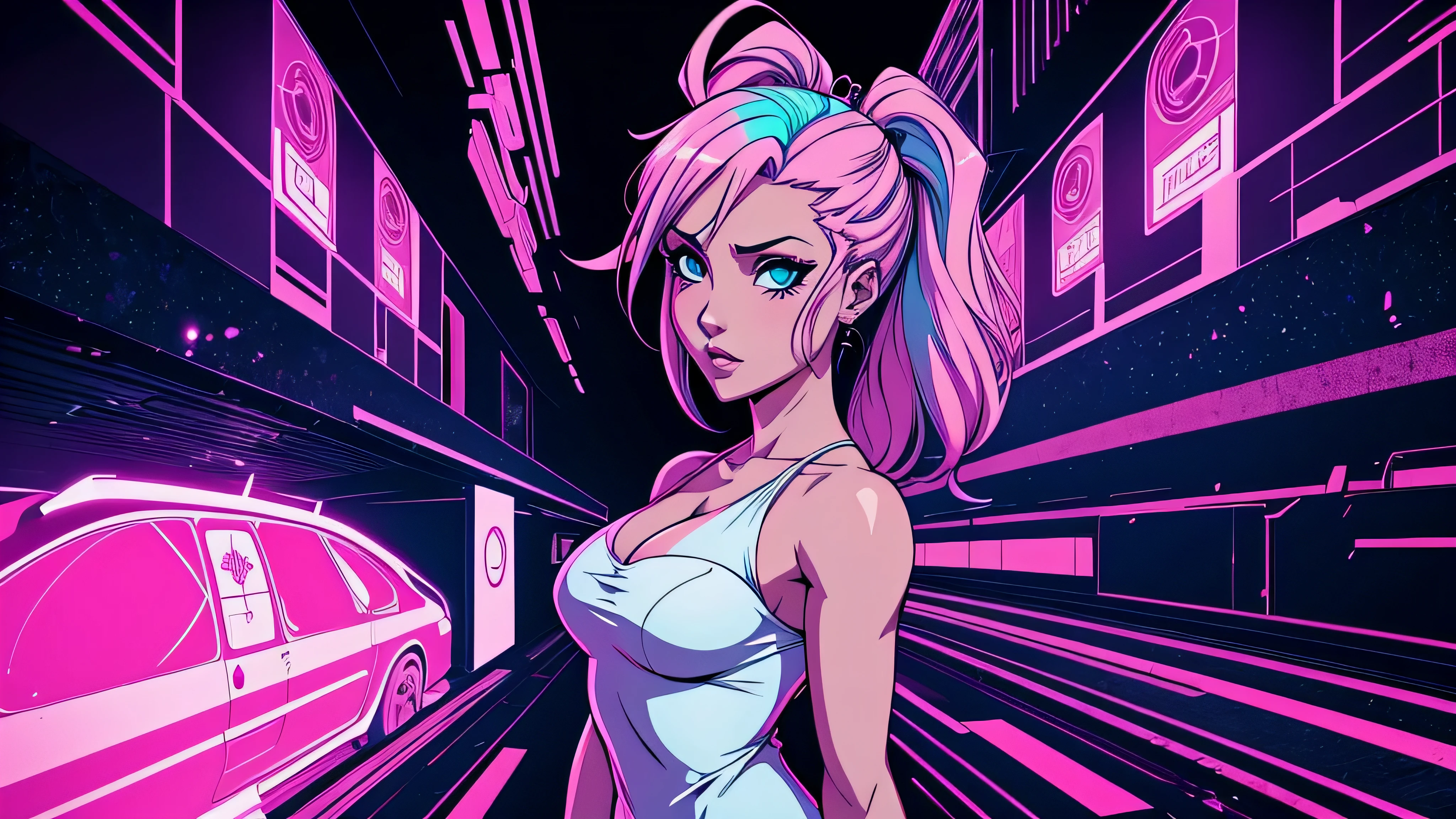 garota de anime, corpo inteiro, roupa de heroina, roupas coladas, Capa do álbum Anime Phonk Brain Sick, musica, ondas sonoras, com cores em preto neon