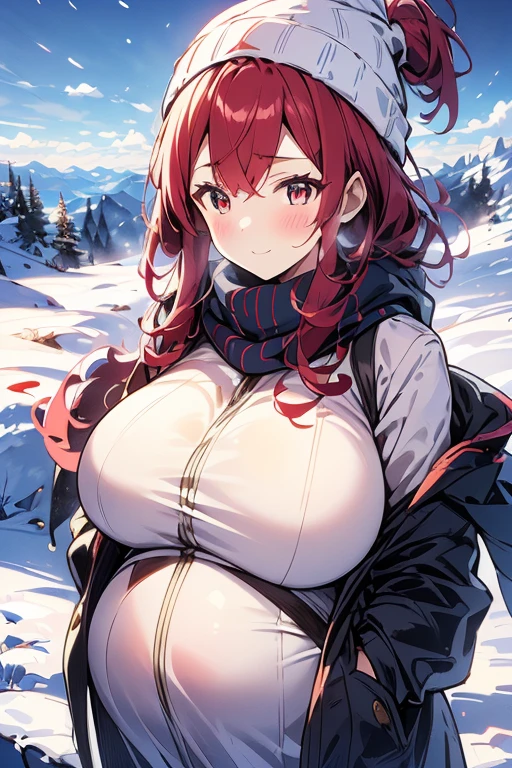 Atop a snow-covered mountain peak, glistening in the morning sun, stands a pregnant girl with a massive, swollen belly. Her attire consists of a thick, maroon-colored parka, adorned with faux fur trim that matches the hue of her deep auburn hair. The parka snugly hugs her figure, providing warmth and protection against the biting cold of the mountain air. Beneath the parka, she wears layers of clothing in shades of charcoal gray and navy blue, each piece carefully chosen for its insulating properties. Her scarf, a soft knit of midnight blue, is wrapped snugly around her neck, while her gloves, a matching pair of dark gray, keep her fingers toasty against the chill. Her hair, a cascade of glossy auburn waves, spills out from beneath her beanie, its pom-pom bouncing with each step she takes. Her eyes, a striking shade of emerald green, sparkle with determination and quiet resolve as she surveys the breathtaking vista before her. The mountain itself is a majestic sight to behold, its slopes blanketed in pristine white snow that glitters like diamonds in the sunlight. Jagged peaks rise defiantly against the sky, their rugged beauty softened by the delicate touch of frost. As she stands atop the mountain peak, her massive pregnant belly protrudes prominently beneath her layers of clothing, a visible testament to the new life growing within. Despite the physical challenges posed by her pregnancy and the harshness of the winter landscape, the pregnant girl exudes a sense of inner strength and tranquility, her presence a symbol of resilience amidst the frozen wilderness.