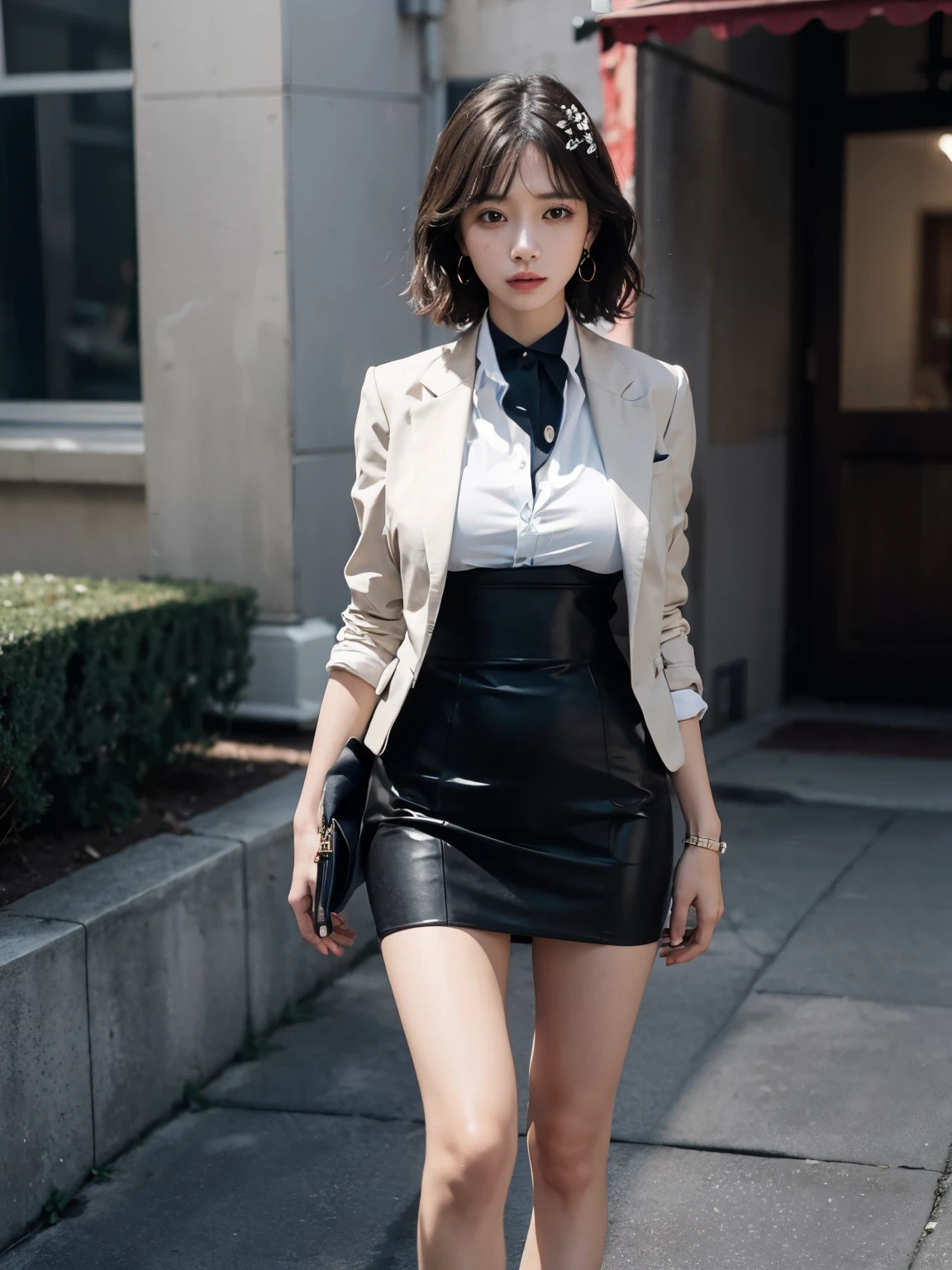 (disorganized, Raw photo, very delicate and beautiful, masterpiece, highest quality, ultra high resolution, 16k, surreal, Super detailed, perfect anatomy, super dense skin, perfect figure:1.3), Highly detailed CG 8k wallpaper, 20's, Very slim body, tight waist, very small head, very small face, delicate features, tearful mole, earrings, thin legs, (very huge round breasts:1.1), (full body shot:1.1), 1 girl, short hair, wavy hair, (suit:1.1), blazer, skirt, (shirt:1.1),