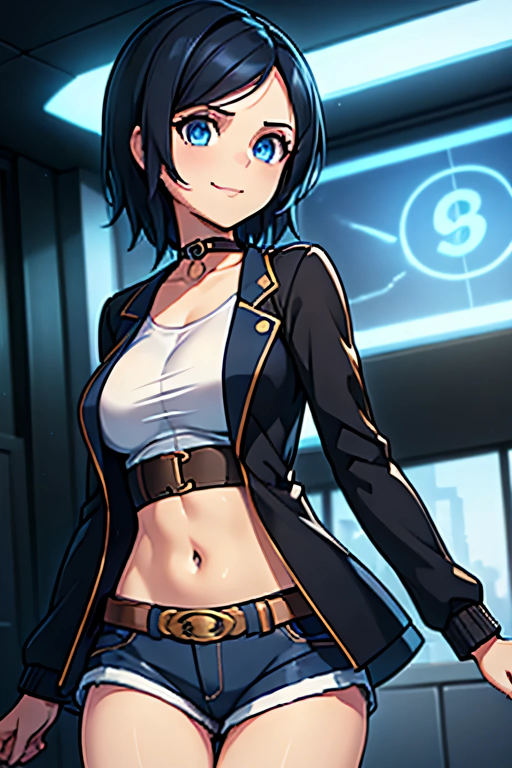 ((masterpiece)), (bestquality), ((ultra-detailed)), ((cinematic lighting)), depth of field, (dynamic angle),detailed lighting, (beautiful detailed blue eyes), 1girl, black hair, tanned skin, Choker, tomboy, top and shorts, Jacket, smile, navel, small bust, Package in Hand, Delivery girl, Delivery,