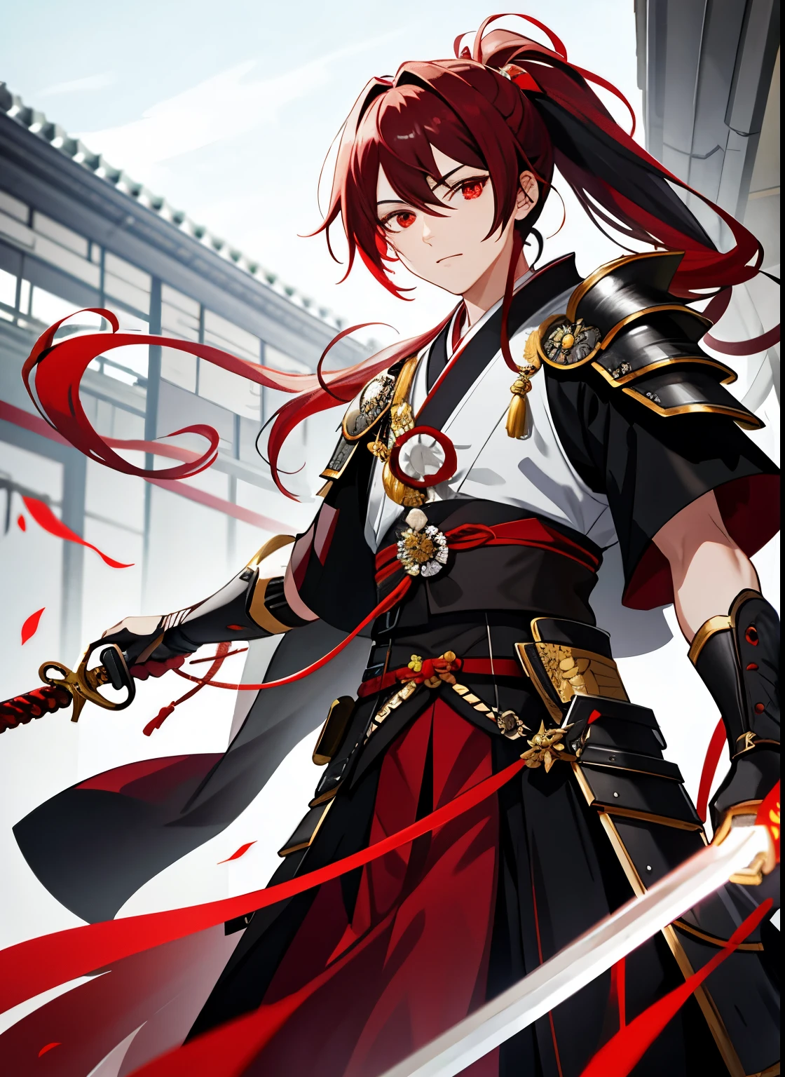 masterpiece, best quality, Kaedara Kazuha, male focus, 1boy, solo, red eyes, bangs, darked hair, japanese clothes, streaked hair, dark hair, hair between eyes, weapon, sword, armor, japanese armor, white hair, closed mouth, ponytail, outdoors, tassel, looking at viewer