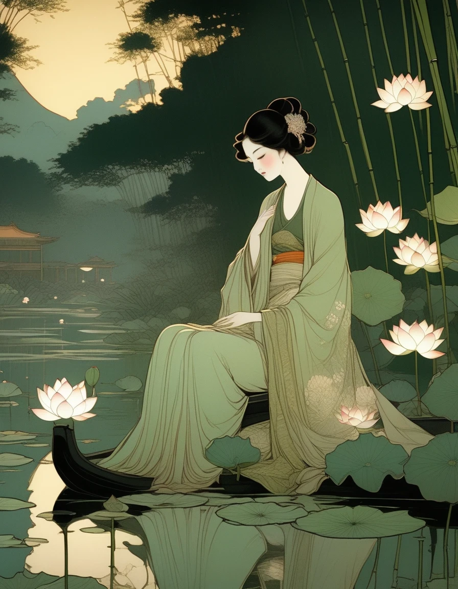 evening，sunset，An Ancient Beauty Sitting by a Lotus Pond,  a Lotus Pond，Bamboo Grove at Sunset, Art Print in the Style of FRANKLIN BOOTH, ABIGAIL LARSON, TARA MCPHERSON, Pale Greens, Bright Reflections, 19th Century American Paintings and Works on Paper, Contemplative Silence, Children's Book Illustrations, Nocturne 