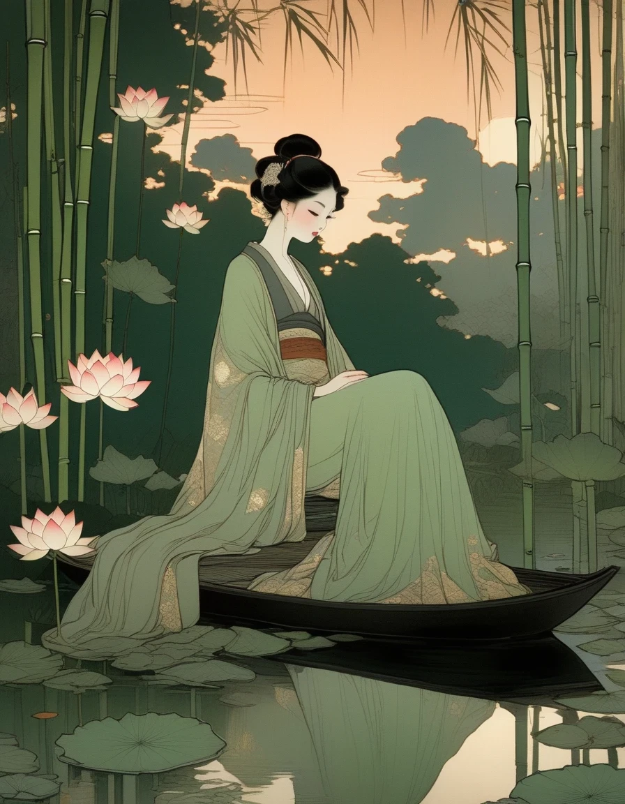 evening，sunset，An Ancient Beauty Sitting by a Lotus Pond,  a Lotus Pond，Bamboo Grove at Sunset, Art Print in the Style of FRANKLIN BOOTH, ABIGAIL LARSON, TARA MCPHERSON, Pale Greens, Bright Reflections, 19th Century American Paintings and Works on Paper, Contemplative Silence, Children's Book Illustrations, Nocturne 