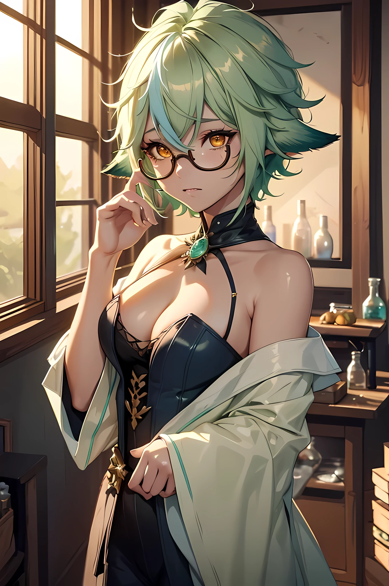 16K, RTX, HDR, extremely high details, intricate, professional makeup, cowboy shot, best quality, masterpiece, laboratory scenery, 1woman, solo, young, smart, nervous , cute, clear yellowish orange glowing eyes, short light green hair, downed fox ears, glasses, smooth skin, small cleavage, ((extremely slutty)).