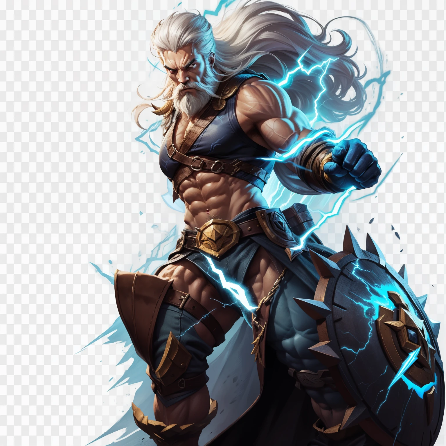 An old man with a beard and lightning bolts,  fighting game characters,, League of legends character art, darkside style, Darksiders art style, epic digital art illustration, Mysterious League of Legends,  league of legends style,Zeus，white beard,white hair,(Thunder and lightning surround),White background,abdominal muscles,strong的肌肉,elderly，punch,strong,(Very burly figure),Thunder element,非常strong,muscular,norse god,Zeus，(white background),Lateral stature