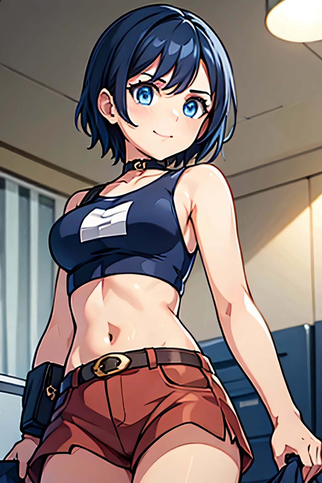 ((masterpiece)), (bestquality), ((ultra-detailed)), ((cinematic lighting)), depth of field, (dynamic angle),detailed lighting, (beautiful detailed blue eyes), 1girl, black hair, tanned skin, Choker, tomboy, top and shorts, Jacket, smile, navel, small bust, Package in Hand, Delivery girl, Delivery,