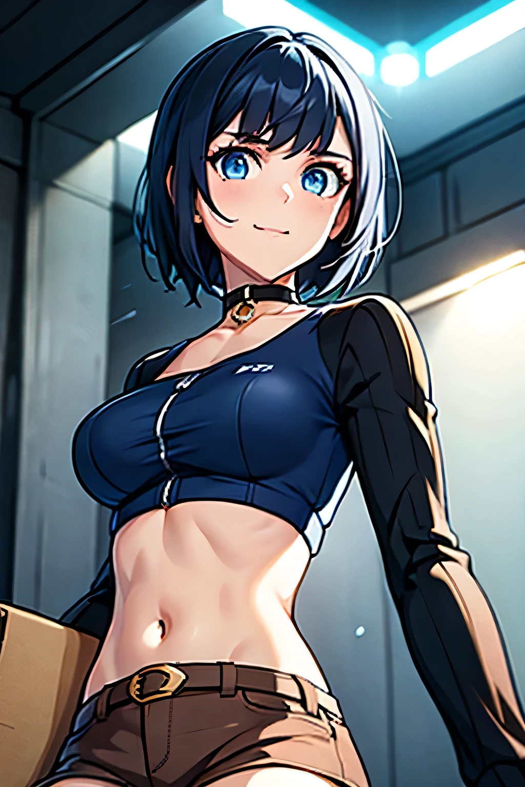 ((masterpiece)), (bestquality), ((ultra-detailed)), ((cinematic lighting)), depth of field, (dynamic angle),detailed lighting, (beautiful detailed blue eyes), 1girl, black hair, tanned skin, Choker, tomboy, top and shorts, Jacket, smile, navel, small bust, Package in Hand, Delivery girl, Delivery,