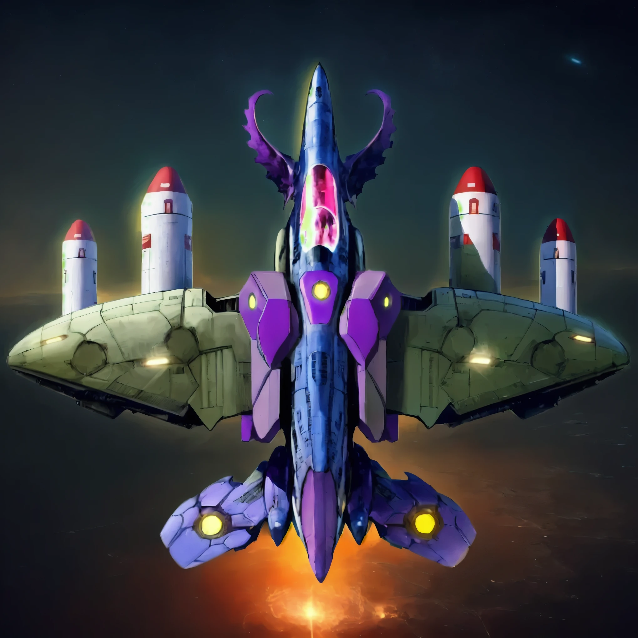 a close up of a drawing of a spaceship, jetplane, fighter plane, aircraft, spacecraft, flying smoothly overhead, tail is at the bottom and nose is at the top, lifting off from ground to the sky, spaceship design, hovering in outer space, blue fuselage, wings are shaped like the Flying Fortress aircraft, green wings, purple horizontal stabilizers, pink cockpit for two pilots, the nose has purple monster tentacles reaching out, underneath the wings are multiple white missiles, below is earth at night from an aerial perspective, star wars, blade runner, ridley scott, steven spielberg, george lucas, movie still, epic movie scene