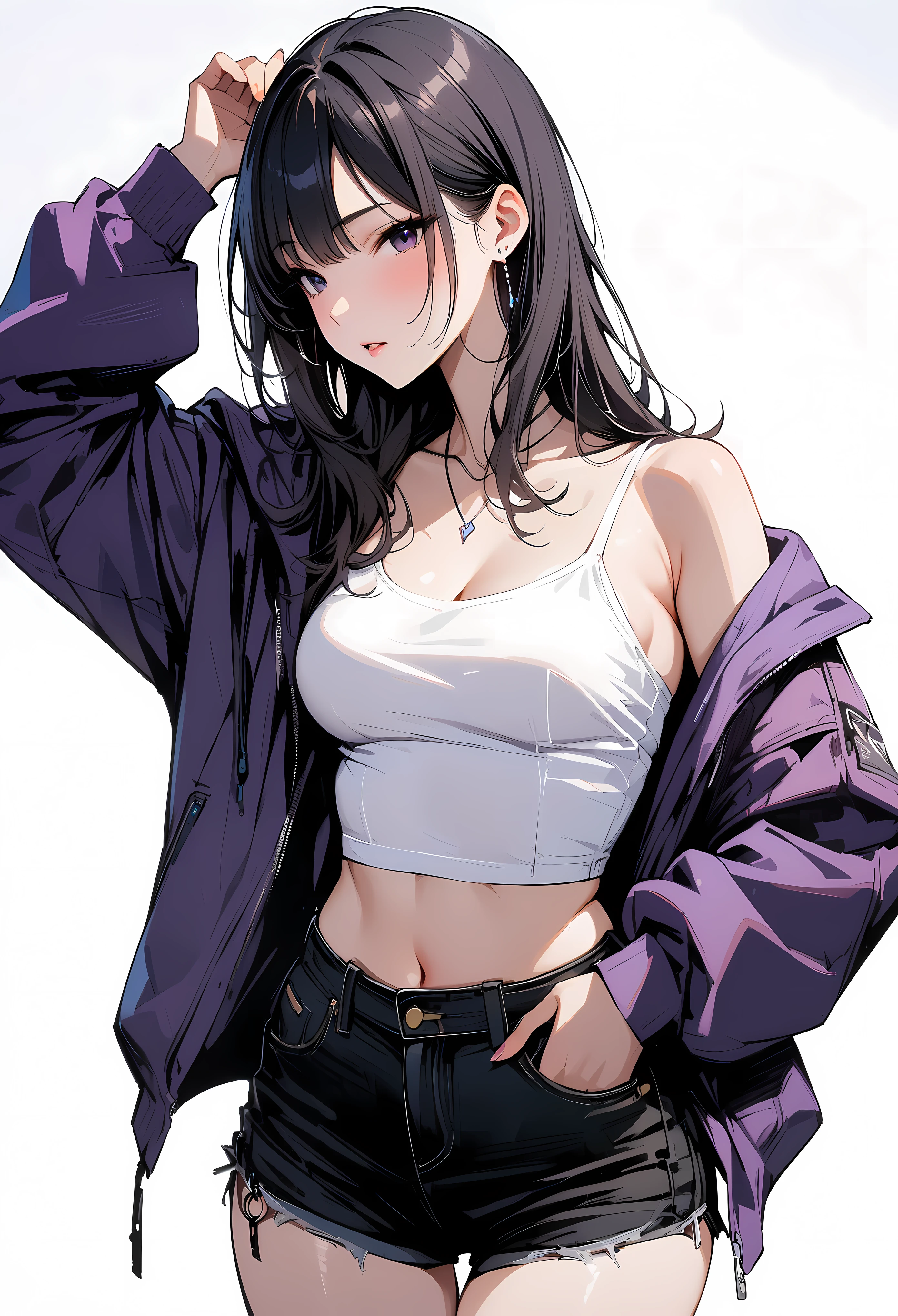 (masterpiece, best quality:1.2), 1 girl, alone , sexy , purple jaket , cutoff-jeans , (cowboy shot) , black hair , (white top)