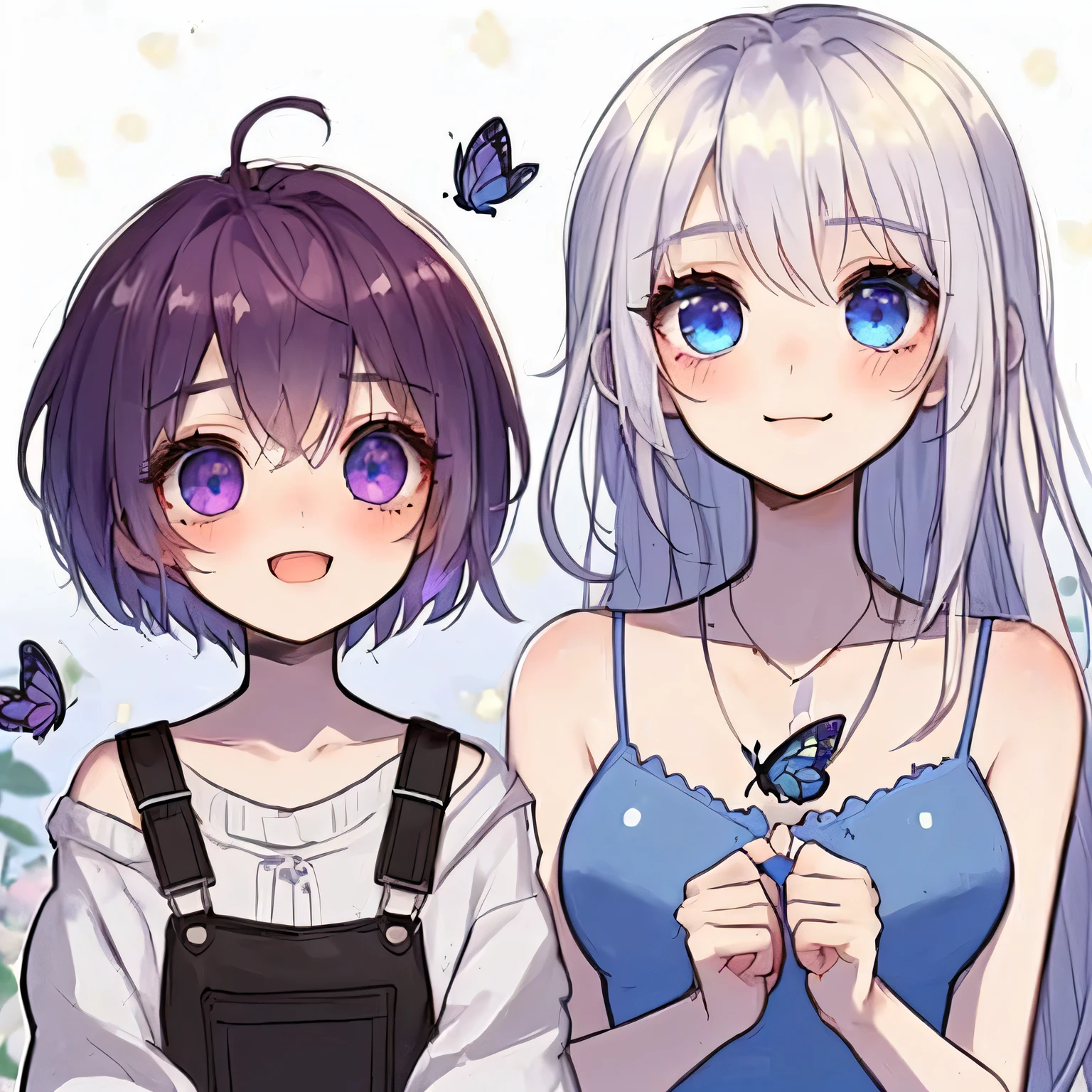 ((best quality)), ((masterpiece)), (detailed), perfect face, 2 girld, lesbian couple, one girl with long white hair and dark blue eyes and is tall and beautiful, looks fierce and bold, very tall, hot and other girl has short purple hair and purple eyes and is cute adorable and is bubbly and shorter, short height, baby face, blushing looks like innocent and shy, smiling, butterflies, blush