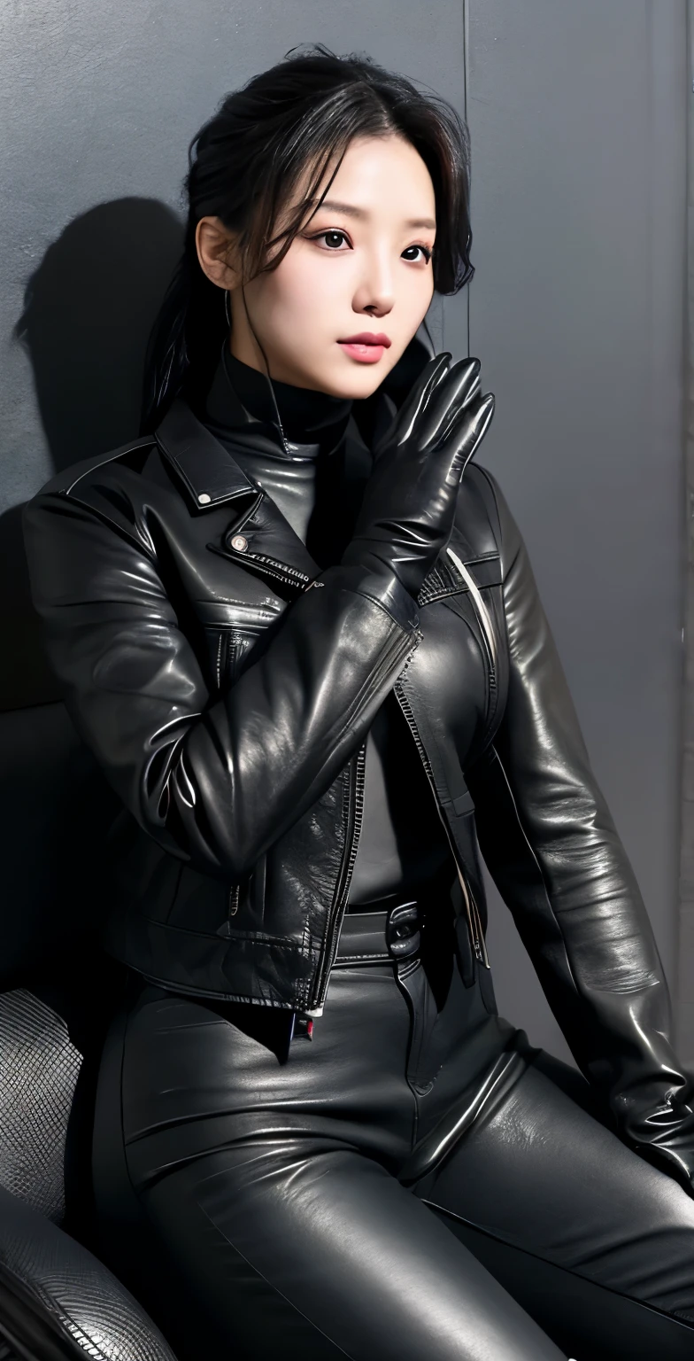 black leather rider jacket, office in the dark, Fingertips of black leather gloves on both hands,wearing black leather gloves,sitting in a black leather chair、 Japanese female new employee (black leather gloves cover both hands) (The angle is horizontal)、black leather leather pants,black leather black leather pants,black leather skinny pants、Long black leather boots on both feet、black hair ponytail ((He wears black leather gloves on his hands))full body photo,full body shot full body full body leather suit,☺If you turn in this direction。wearing black leather gloves,wearing black leather gloves,wearing black leather gloves,wearing black leather gloves,wearing black leather gloves,wearing black leather gloves,黒のレザーパンツが美しい😍黒のレザーパンツが美しい😍黒のレザーパンツが美しい,😍I&#39;m smiling while looking at you,city lights、((neon cyberpunk city street:1.3))、(neon light)、detailed lighting、

best image quality、ultra high resolution、(realism:1.4)、korean beauty star、The most beautiful KPOP stars、face、horny korean makeup、A body that makes you want to touch it、realistic leather texture、Costume made of smooth leather fabric、The drape of the curved parts of the leather fabric、The costume has a strong shine、costume quality、8K photo quality、