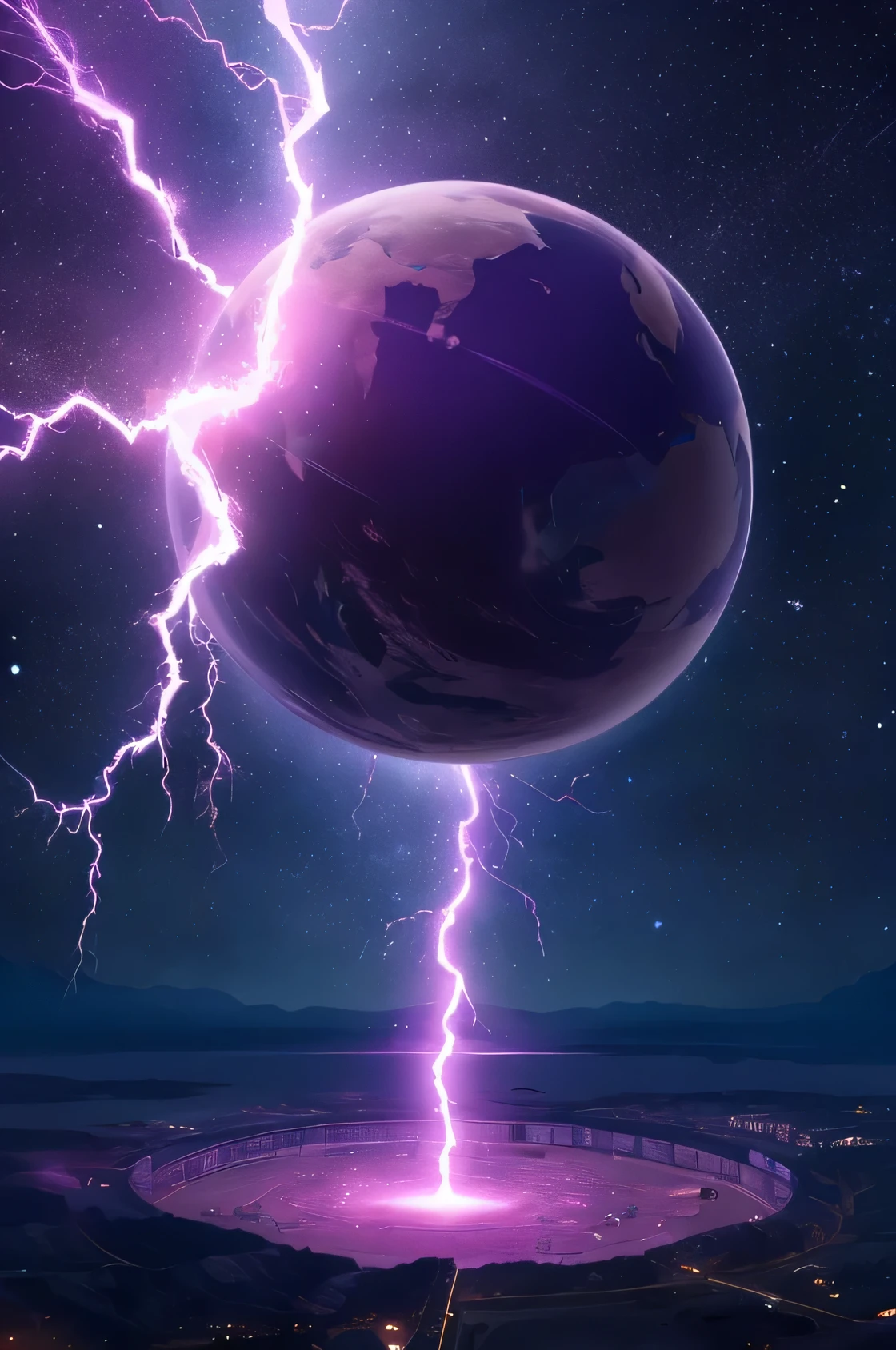 giant, purple molecule, coming from the sky, neon nuclei, throwing lightning at the earth
