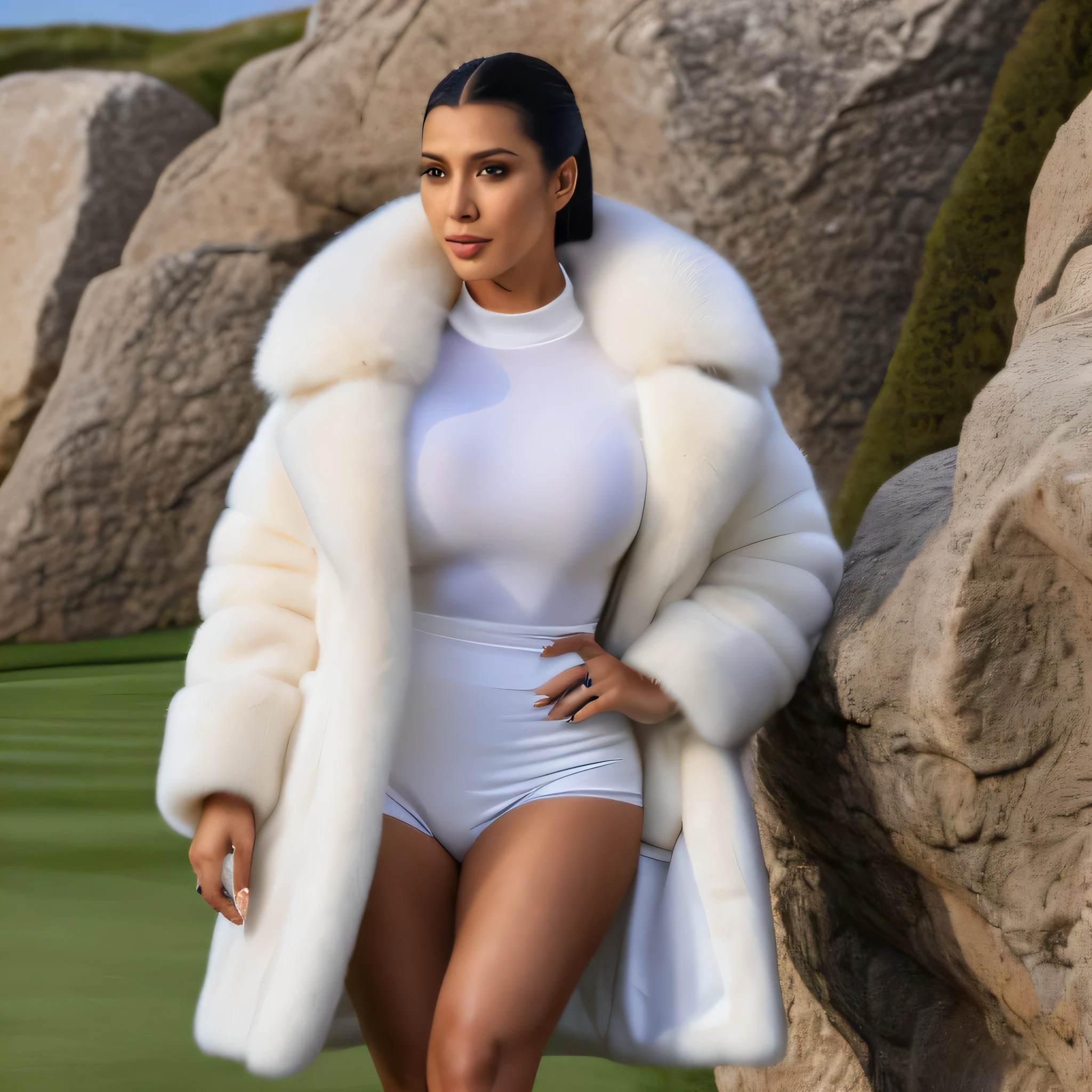 A very wide and very thick, very long sand mink fur coat, fifty centimeters thick, duveteux, naturel, with an ultra thick white and sand mink fur collar, three layers, sur Kim Kardashian, fully nude front view, bare shoulders, and two large breast discovered by the fur, descend d'une Rolls Royce, en haute résolution de la plus high quality、,Photo 8K HDR), Realistic texture, realistic shadows
