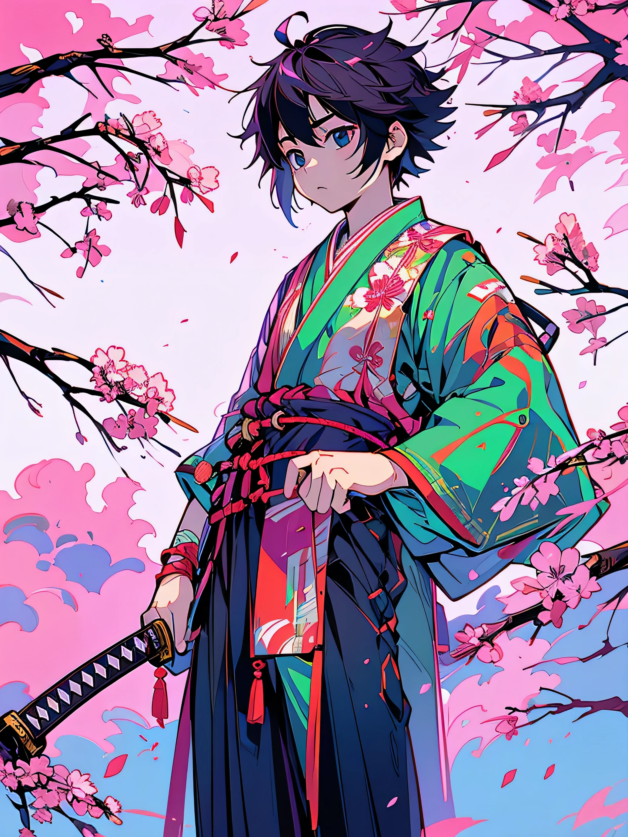 最high quality。fantasy。2.5D anime style。high quality。High resolution。very delicate。Japanese style。young boy。??? samurai。Glossiness。holding a Japanese sword。magnificent nature。Practice under a big cherry tree。Cherry blossoms are falling。Sense of presence。Uplifting。