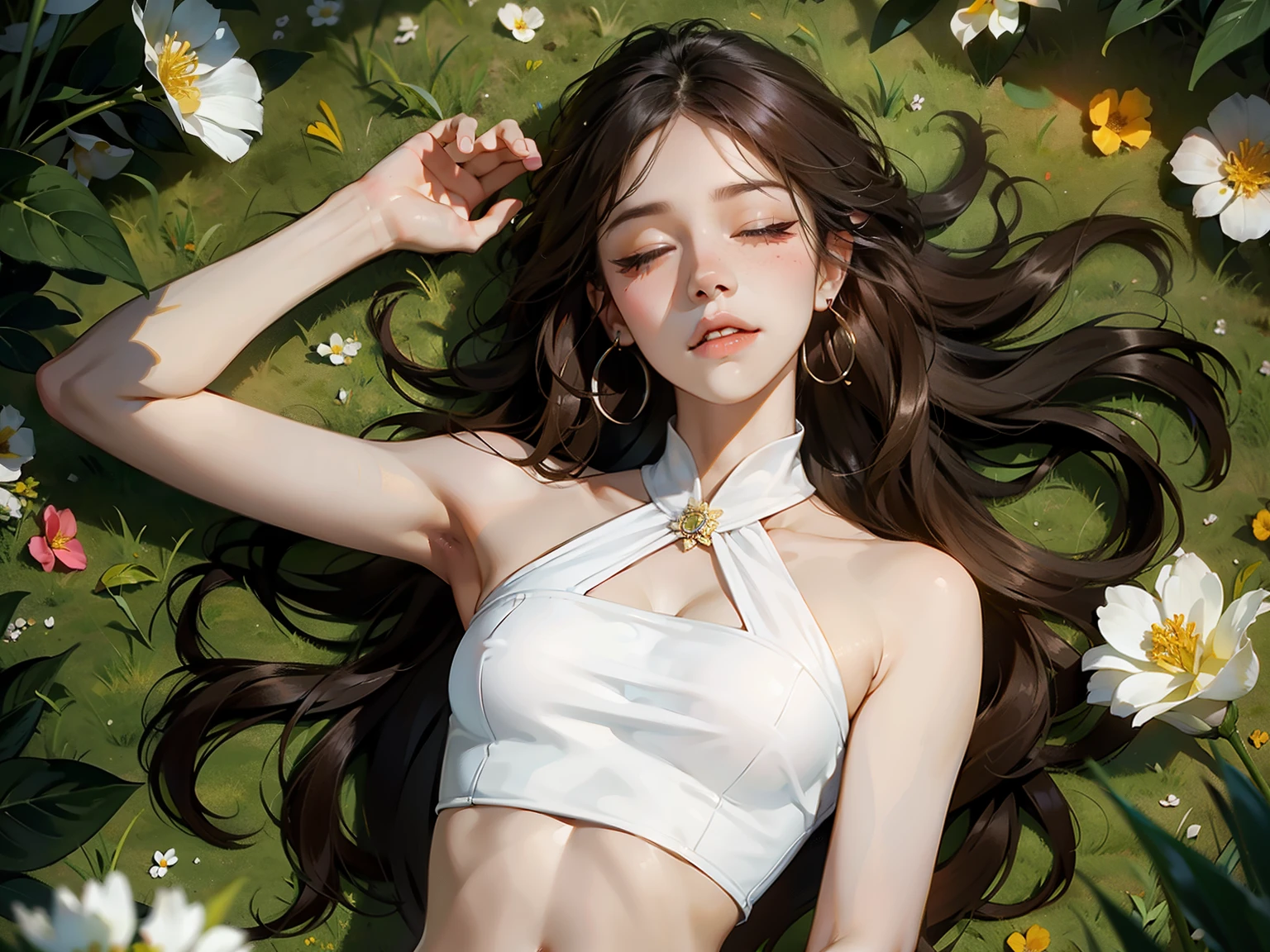 1girl, closed eyes, solo, white flower, long hair, dark-skinned female, dark skin, jewelry, earrings, eyeshadow, brown hair, makeup, very long hair, eyelashes, white tube top, on back, tube top, lying, bare shoulders, flower earrings, grass, hair spread out, closed mouth, upper body, midriff, from above, wavy hair, facing viewer, big hair, strapless shirt