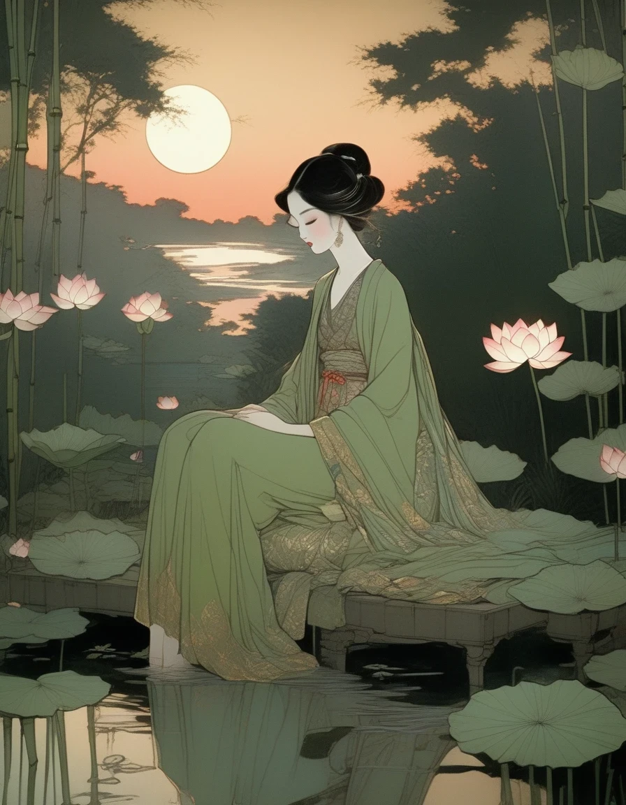 in style of conté artwork, in style of glitter art,, beautiful detailed，evening，sunset，An Ancient Beauty Sitting by a Lotus Pond,  a Lotus Pond，Bamboo Grove at Sunset, Art Print in the Style of FRANKLIN BOOTH, ABIGAIL LARSON, TARA MCPHERSON, Pale Greens, Bright Reflections, 19th Century American Paintings and Works on Paper, Contemplative Silence, Children's Book Illustrations, Nocturne 