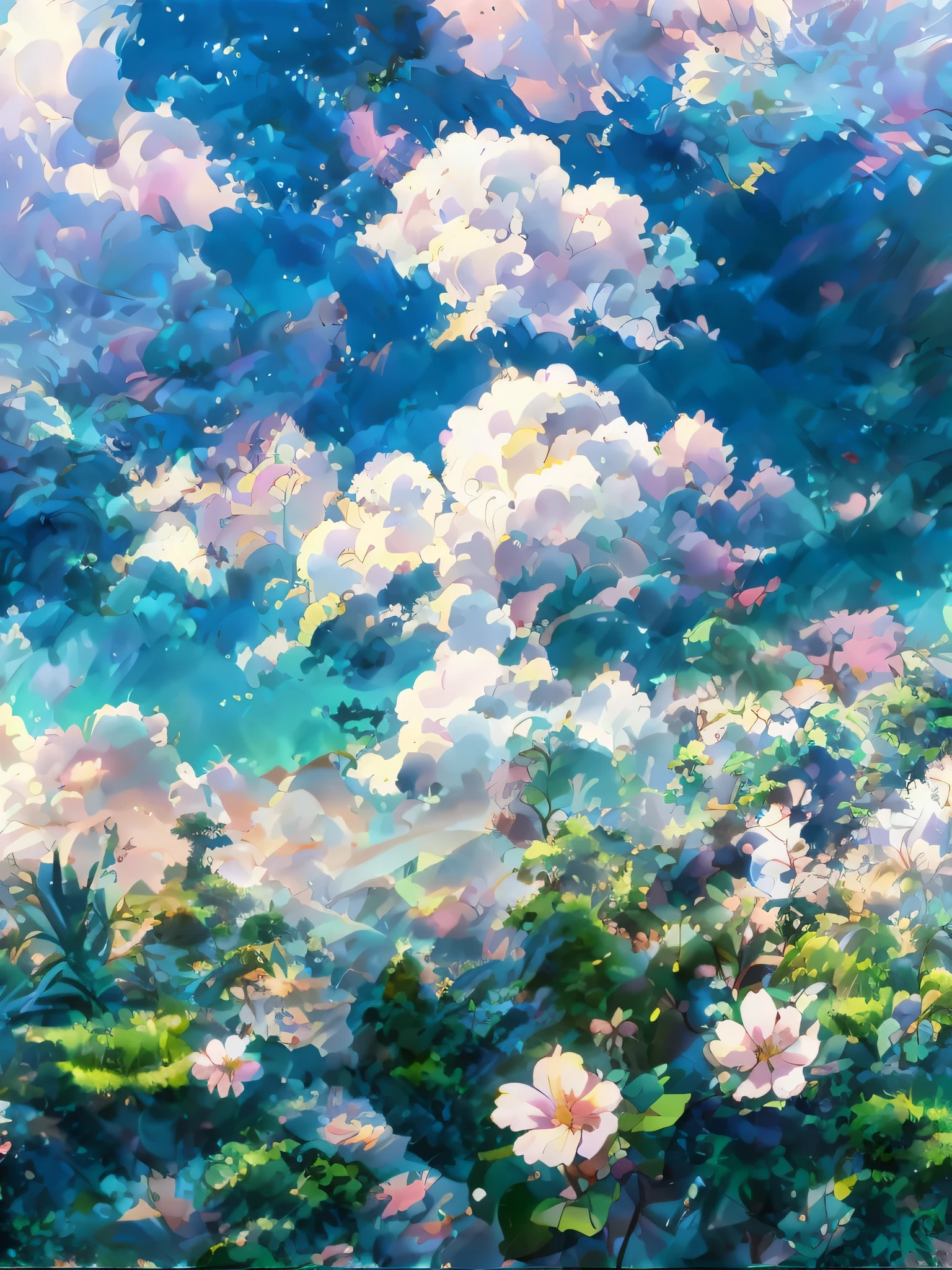 summer wallpaper、grassy、Some flowers、Colorful clouds、sunset sky、Gradient、vast sky、Colorful、HD details、wet watermark、Super detailed、Movie、Surrealism、edge light、deep focus bokeh、Ray tracing、Surrealism。