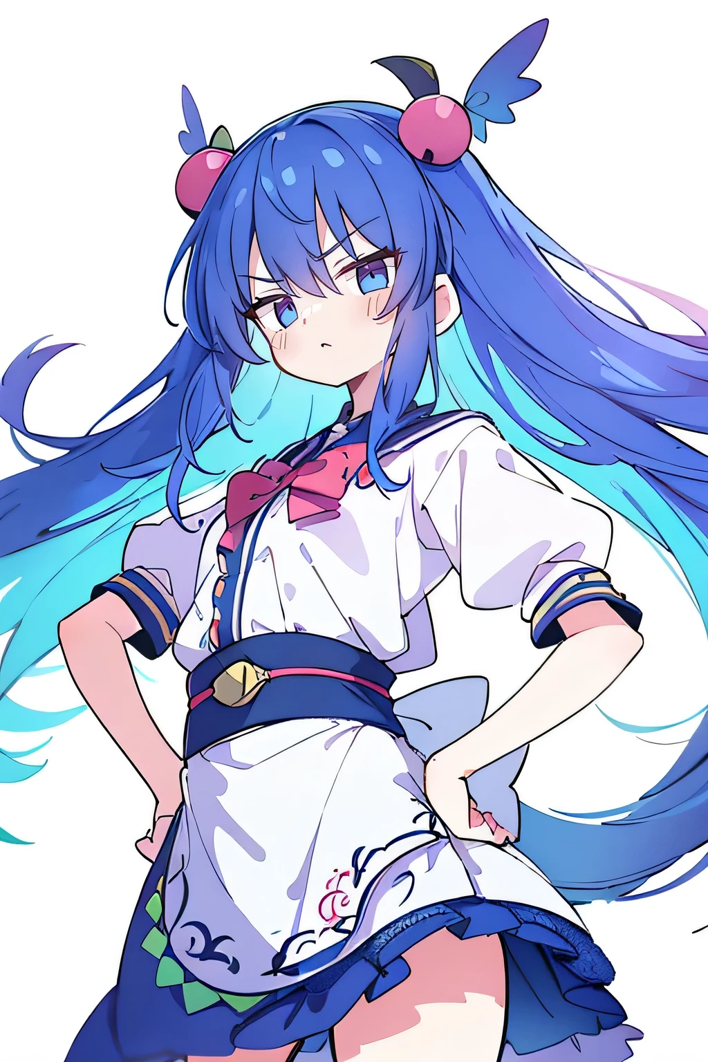 (masterpiece),best quality, expressive eyes, perfect face, 1girl,
Put your hands on your waist,fair, Gorgeous,Japanese cartoons,girl,lola,Hina Angel, blue hair, blue haired, floating clothes,Grab your waist, Grab your waist, hands on hips , hands on hips,flat chest