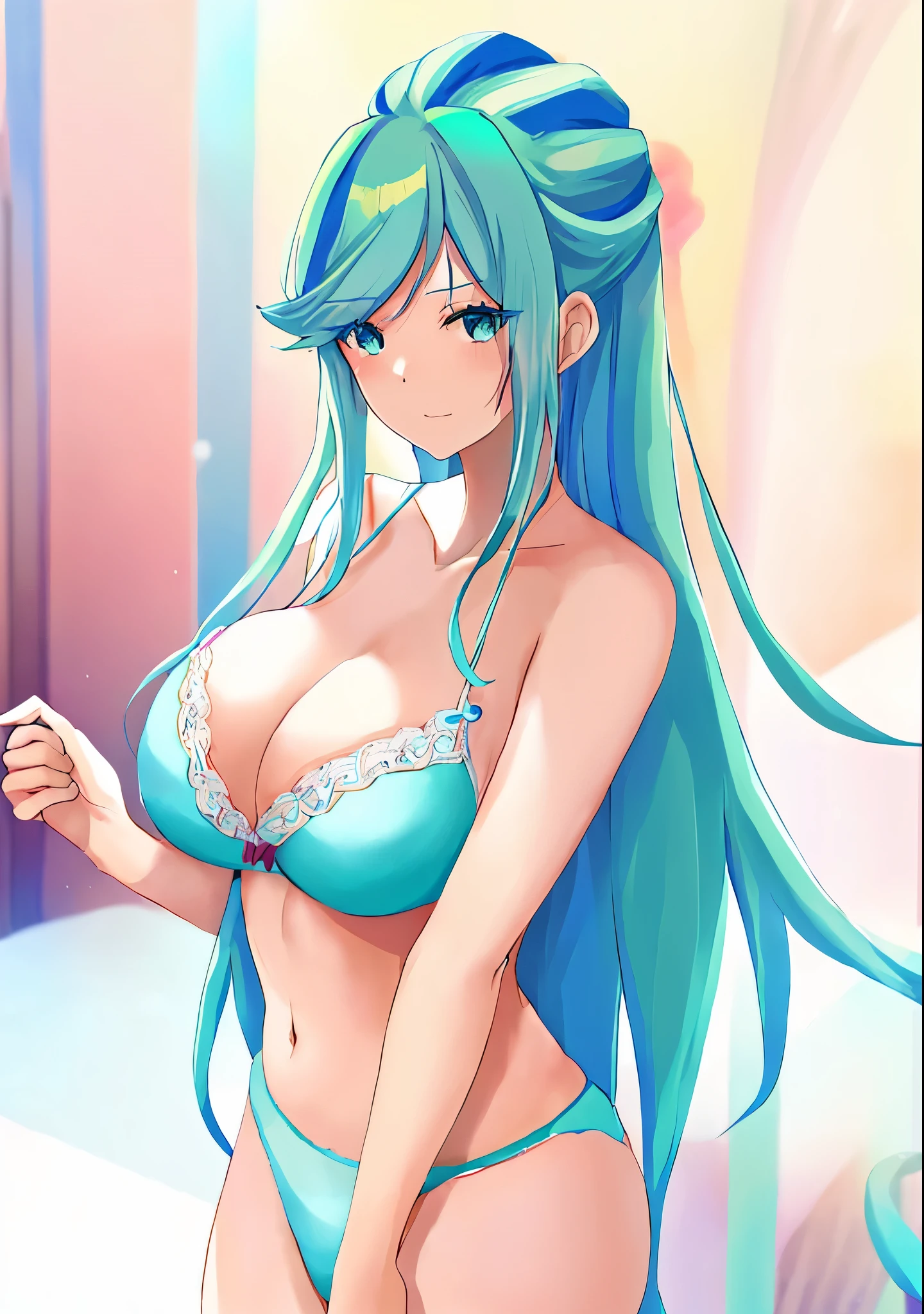 アニメの女の子 in a bra and panty posing for a picture、long green hair woman、blue eyed woman、Braid、half up hair、clothing:white bra、Anime woman with teal hair、bra with an white、panty with an white、anime moe art style、lingerie with an white、solo、seductive anime woman、Beautiful charming anime teen、big breasts、woman with very large breasts、pretty anime women、Hymn to the King as a Princess、(anime men)、cel shaded anime、tall woman、adult sex appeal、whole body、Are standing、anime woman with long hair、female focus、