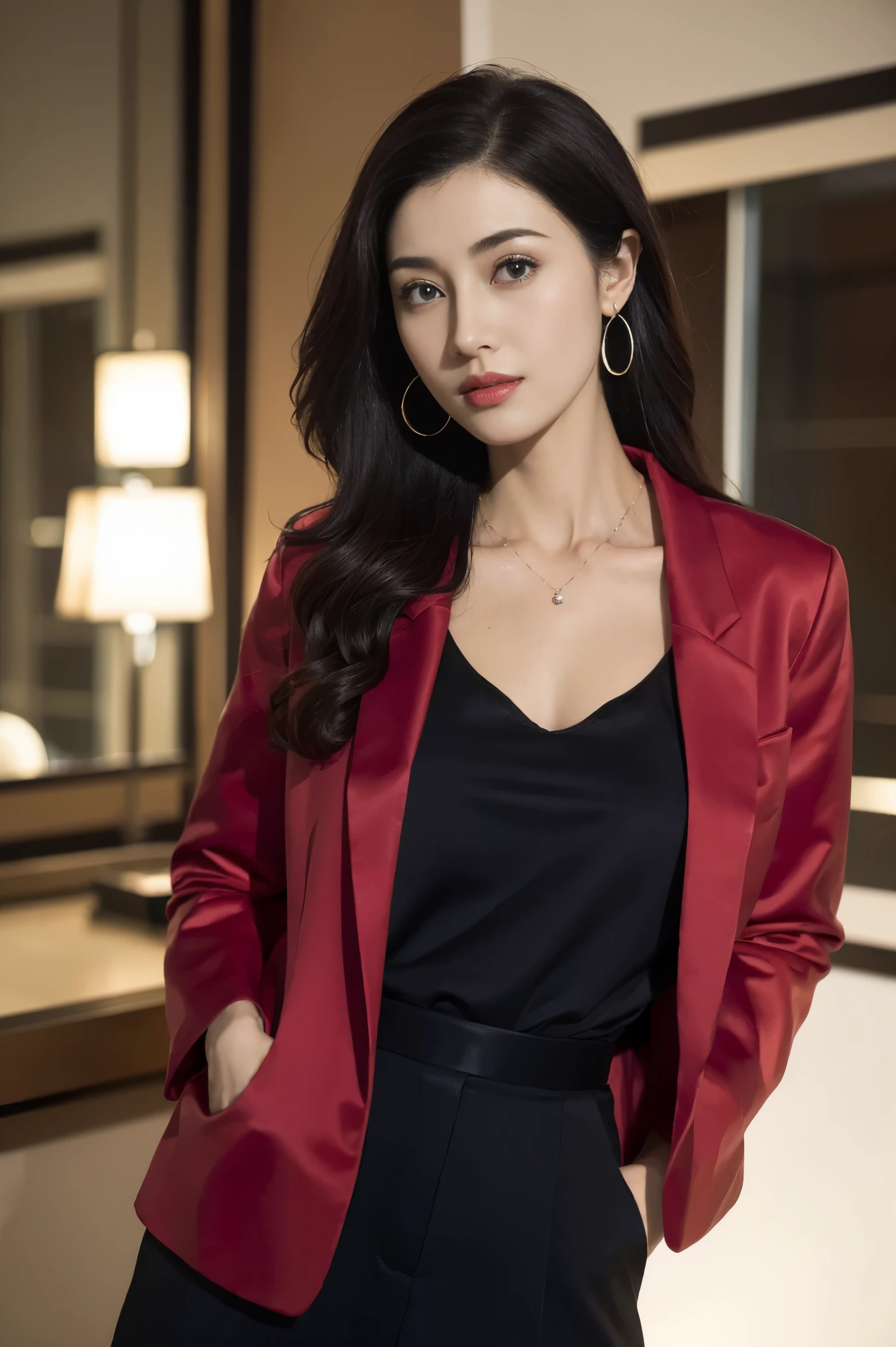 Beautiful girl in red blazer , (mid shot), black bra, Best quality at best, lamplight, ultra - detailed, Dark brown long fashion hair, wearing necklace, wearing small earrings, A high resolution, 8k wallpaper, Perfect dynamic composition, beautidful eyes, Natural lips, black skirt,Put your hands in your pockets