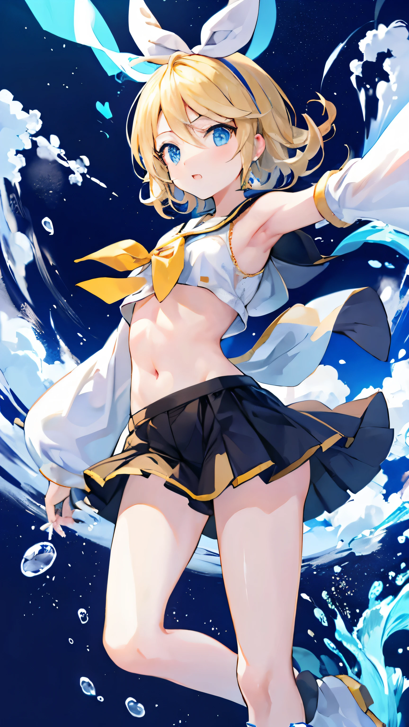 Kagamine rin , mini falda , bragas a la vista , rostro apenado , mejillas ruborizadas , viendo al espectador , imagen de cuerpo completo , (perfect body proportion)