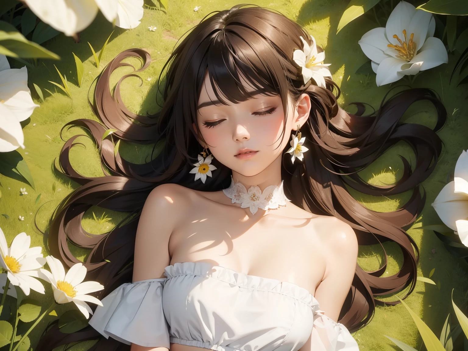 1girl, closed eyes, solo, white flower, long hair, dark-skinned female, dark skin, jewelry, earrings, eyeshadow, brown hair, makeup, very long hair, eyelashes, white tube top, on back, tube top, lying, bare shoulders, flower earrings, grass, hair spread out, closed mouth, upper body, midriff, from above, wavy hair, facing viewer, big hair, strapless shirt