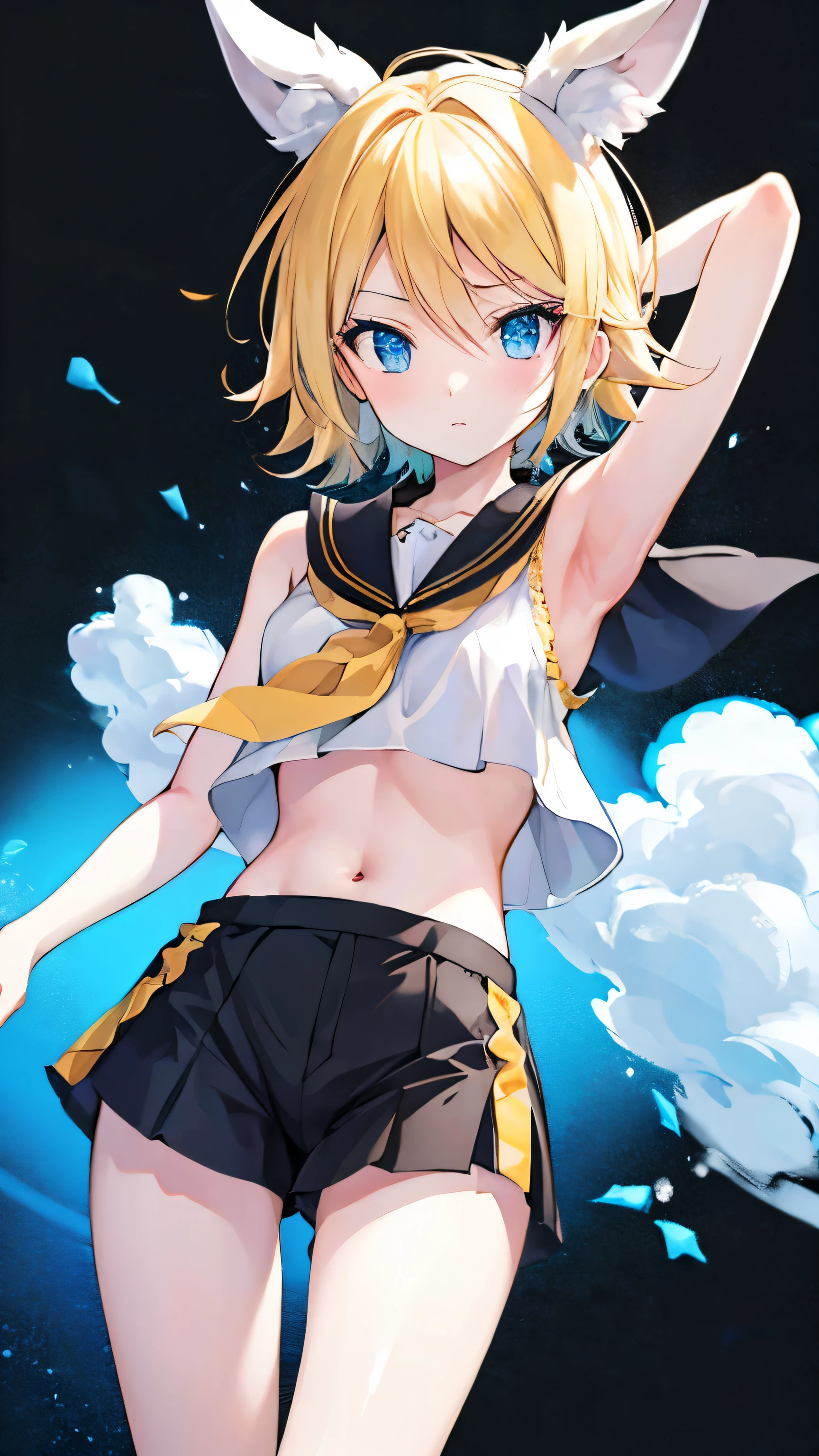 Kagamine rin , mini falda , bragas a la vista , rostro apenado , mejillas ruborizadas , viendo al espectador , imagen de cuerpo completo , (perfect body proportion)