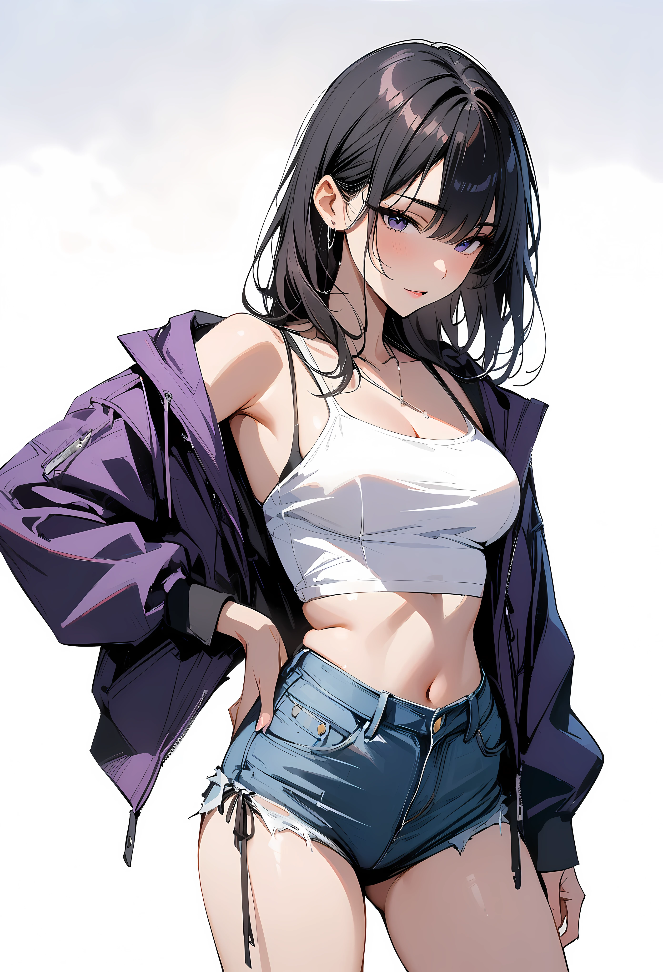 (masterpiece, best quality:1.2), 1 girl, alone , sexy , purple  jaket , cutoff-jeans , (cowboy shot) , black hair ,  (white top)