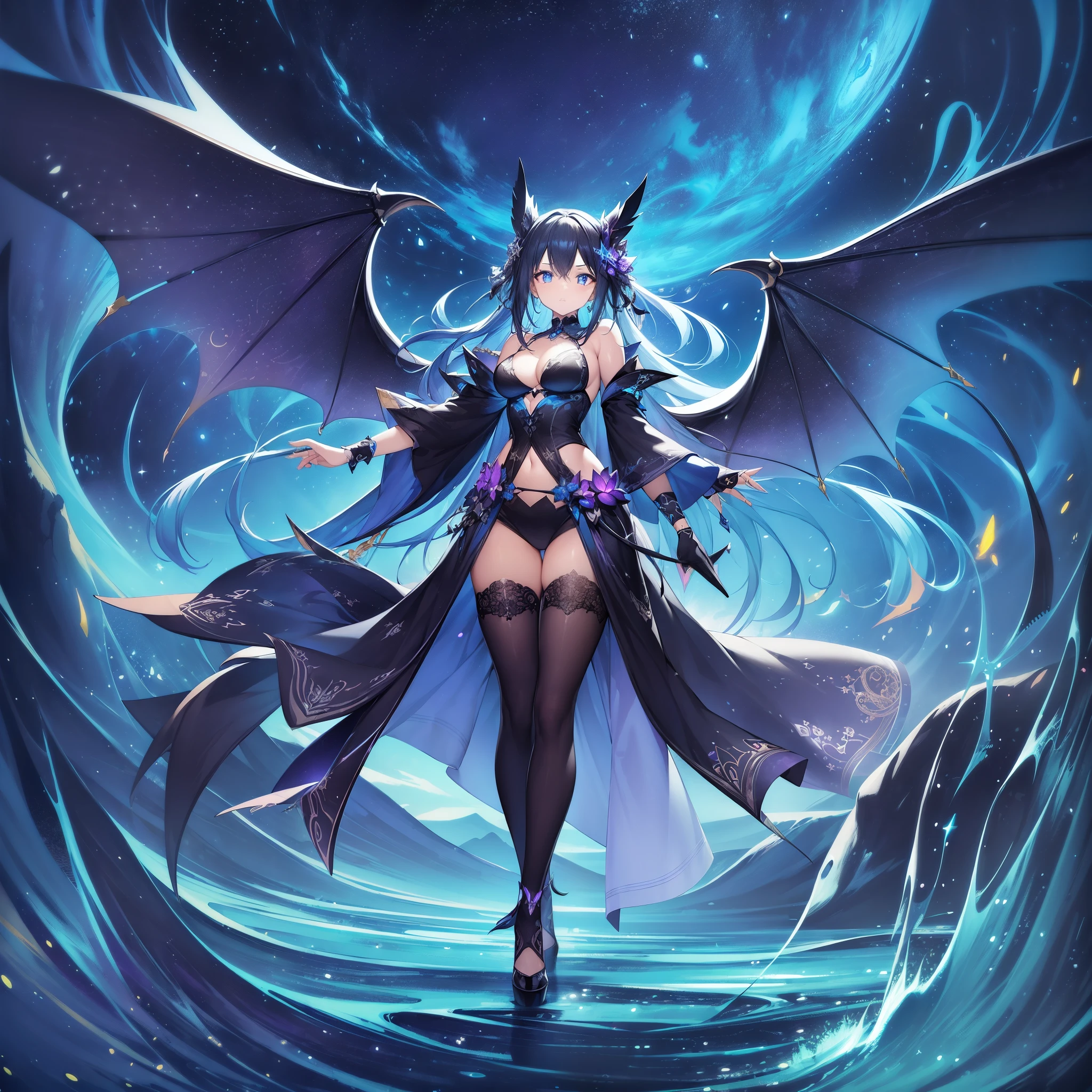 ((((black light poster art))))、Design a mesmerizing piece of art featuring the mystical charm of nocturnal bats。spread your wings wide、Decorated with intricate patterns that glow in the dark、Surrounded by the enchanting night sky。Clouds illuminated by stars and moonlight