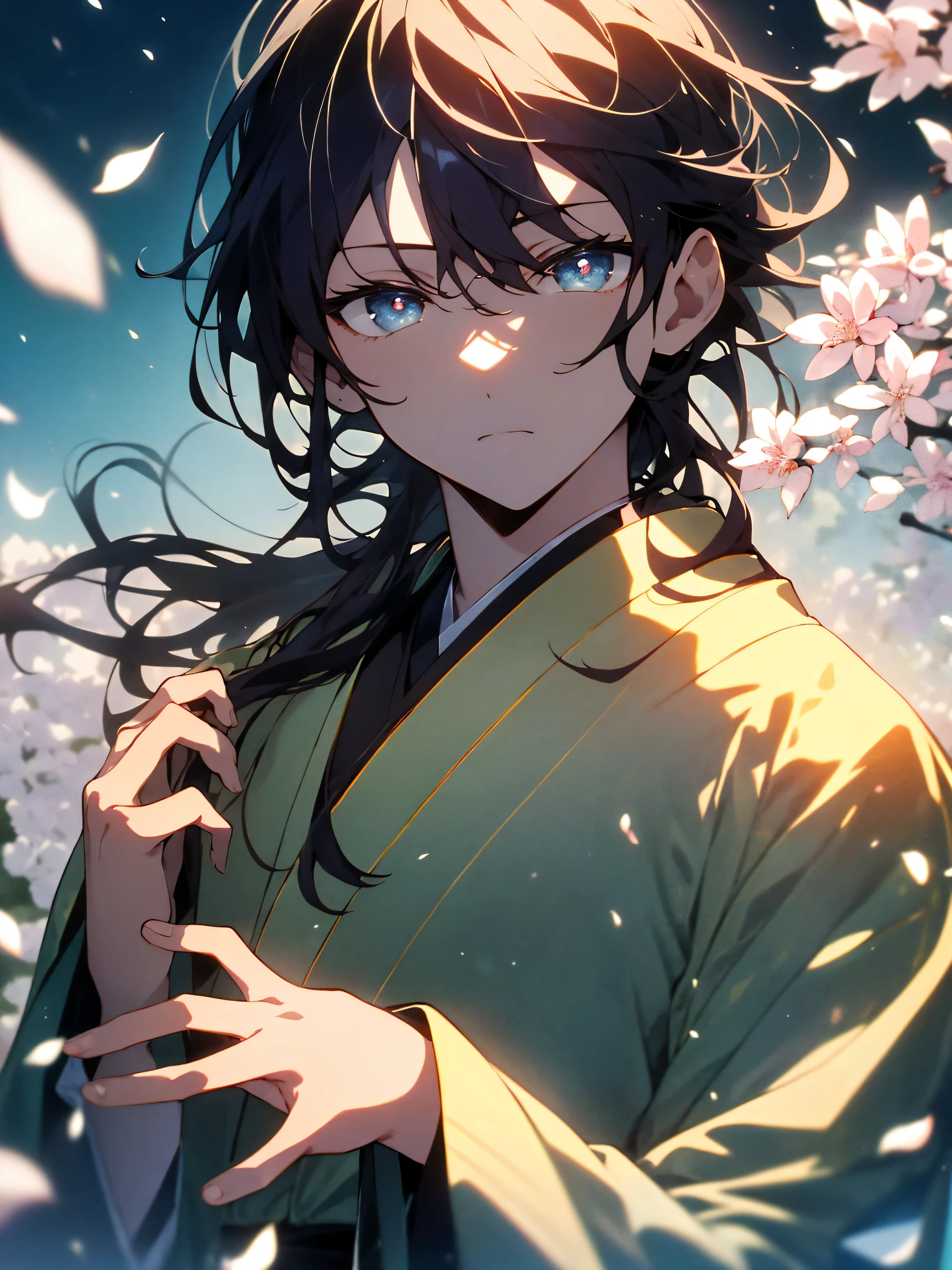 (highest quality、masterpiece、High resolution、detailed)､(Shining eyes、detailed beautiful face)、(1 boy、Handsome guy), Upper body, No expression, kimono, long hair, alone, cherry blossoms, looking at the viewer,beautiful anime