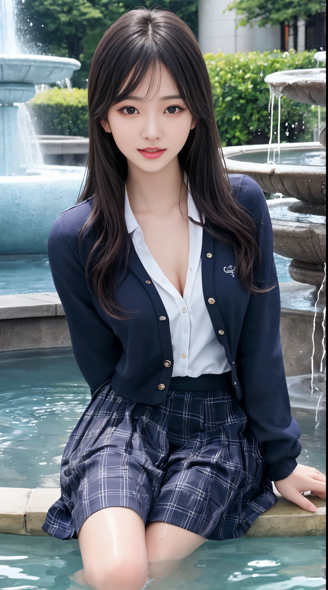 masterpiece、最high quality、high quality、high quality、premium quality、wonderful品質、Exceptional quality、excellent quality、Luxurious quality、excellent quality、best image quality、8K、super resolution、最High resolution、High resolution、最high quality、Rich shades、shining quality、crystal clear、realistic images、perfect details、Image without defects、clear image、wonderful表示、bright colors、deep contrast、high fidelity、amazing clarity、optimal performance、realistic、wonderful、perfect image、Close to reality、Realistic human body in every detail、Realistic skin in every detail、Realistic face in every detail、Realistic eyes down to the details、Realistic lips in every detail、Realistic teeth in every detail、Realistic ears down to the last detail、Realistic hair down to the last detail、Realistic arms down to the last detail、Realistic reproduction of every detail、Realistic fingers in every detail、(fine hands、thumb1reference4)、Realistic feet in every detail、pretty girl、beautiful girl、attractive girl、attractive young woman、wonderfulティーンエイジャー、adorable girl、Shining Girl、innocent girl、sweet girl、beautiful adolescent girl、cute young woman、 the girl who captures your heart、dazzling girl、elegant girl、((japanese model))、((18-year-old))、(black hair)、(random hairstyle)、((whole body))、((beautiful upturned chest))、(slim style、slender style)、(whole body光沢肌、Fair skin)、Detailed and realistic human body、detailed realistic skin、detailed realistic face、detailed realistic arms、detailed realistic fingers、Detailed realistic feet、detailed realistic breasts、sailor suit(Summer use)、sailor suit(Winter use)、sailor skirt、soft natural light、((school fountain square))、((Great Fountain、Fountain with strong water gushing out))、((sit in front of the fountain(バックにGreat Fountainが見える))、((It gets wet and see-through(クロップトップsailor suit、Sailor Mini Skirt))、((bathe in fountain water(Soaked skin from head to toe))、((Water dripping from the skin))、((You can clearly see your body line even through the uniform..(My uniform gets wet and sticks to my skin))、((Water drips from school uniform))、random close-up