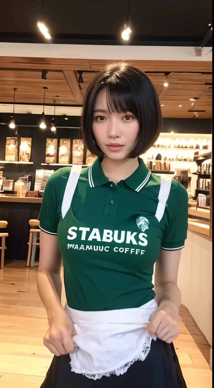 ((highest quality、8K、masterpiece:1.3))、sharp focus:1.2、beautiful woman with perfect body:1.4、((layered haircut、small breasts:1.2))、(No bra) (small and beautiful hard nipples) 、(black polo shirt、green apron)、(Inside the Starbucks store:1.2)、Starbucks apron、wet body:1.1、Highly detailed face and skin texture、 detailed eye、double eyelid、sunburnした肌、Sexy、sunburn,white panty