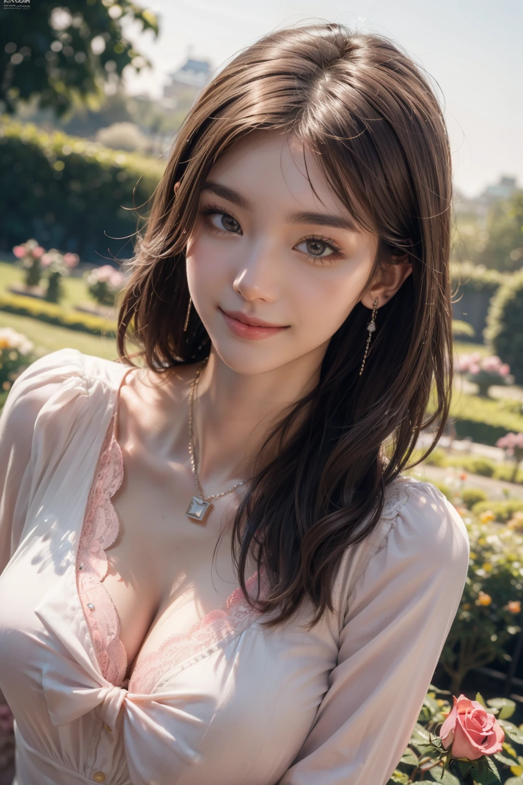 (best quality, 8k,32k,masterpiece, UHD:1.2),extremely detailed CG unity 8k wallpaper,intricate details,Raw photo,(photorealistic:1.4),atmosphere,ultra high res,Realistic,Real,Huge_filesize,incredibly absurdres,(centered:1.3),Ultra illustration,(ultra-detailed),cinematic lighting,various colors,depth of field,art by krenz cushart,golden hour lighting,taken by Canon EOS,SIGMA Art Lens 35mm F1.4,ISO 200 Shutter Speed 2000,blurry background,
BREAK,
1girl,(smile:1.4),slim body,(long straighthair:1.4),solo,20-year-old Japanese beautiful woman, (rose garden, pink lace blouse:1.6),(light brown hair:1.5),((brown eyes)),Large breasts,chest, Soft white skin that shines with every detail,pale skin,Very beautiful face,Very well-formed face,Natural and realistic face,Best,beautiful detailed eyes,striking eyes,Eyes drawn in detail, smile with your mouth closed,Detailed mouth,Detailed lips,shiny beautiful lips,Glossy lips,simple earrings,necklace,jewelry, solo focus,low neckline,
BREAK,
Back lighting,kool,Standing,
BREAK,
(Dutch angle:1.4),cowboy shot,looking at viewer,
BREAK,tzuyu,yui aragaki,
