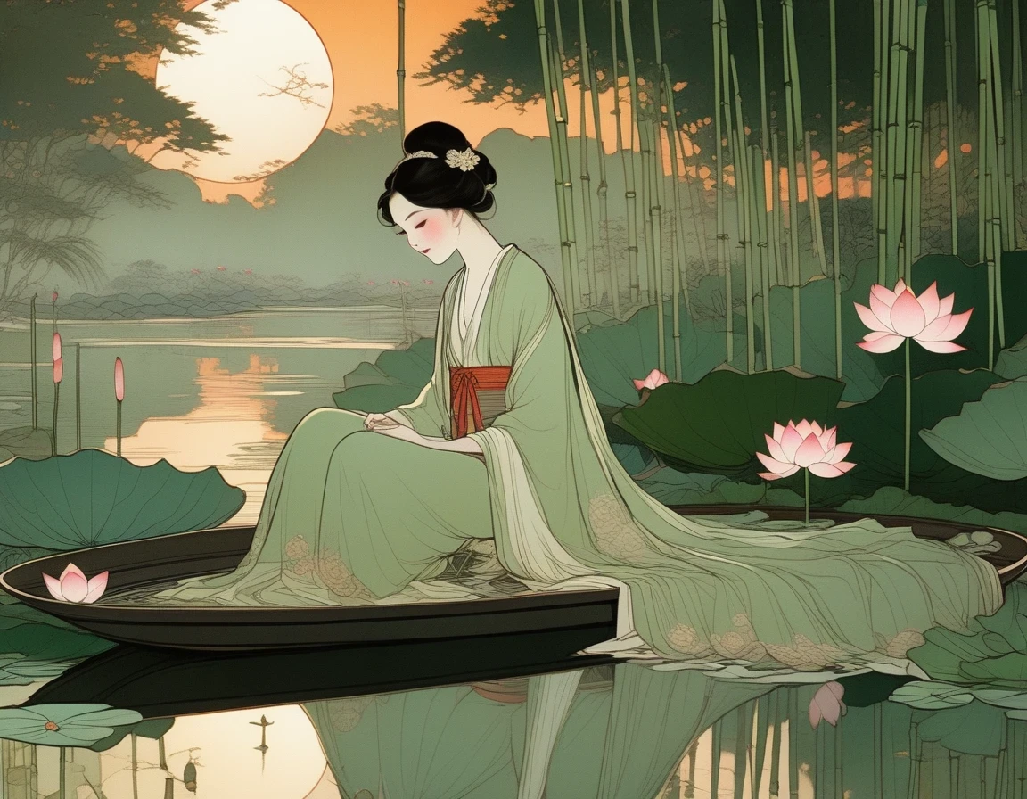 evening，sunset，An Ancient Beauty Sitting by a Lotus Pond,  a Lotus Pond，Bamboo Grove at Sunset, Art Print in the Style of FRANKLIN BOOTH, ABIGAIL LARSON, TARA MCPHERSON, Pale Greens, Bright Reflections, 19th Century American Paintings and Works on Paper, Contemplative Silence, Children's Book Illustrations, Nocturne 