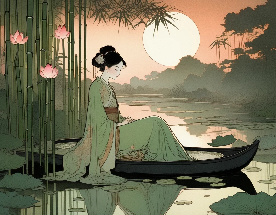 evening，sunset，An Ancient Beauty Sitting by a Lotus Pond,  a Lotus Pond，Bamboo Grove at Sunset, Art Print in the Style of FRANKLIN BOOTH, ABIGAIL LARSON, TARA MCPHERSON, Pale Greens, Bright Reflections, 19th Century American Paintings and Works on Paper, Contemplative Silence, Children's Book Illustrations, Nocturne 